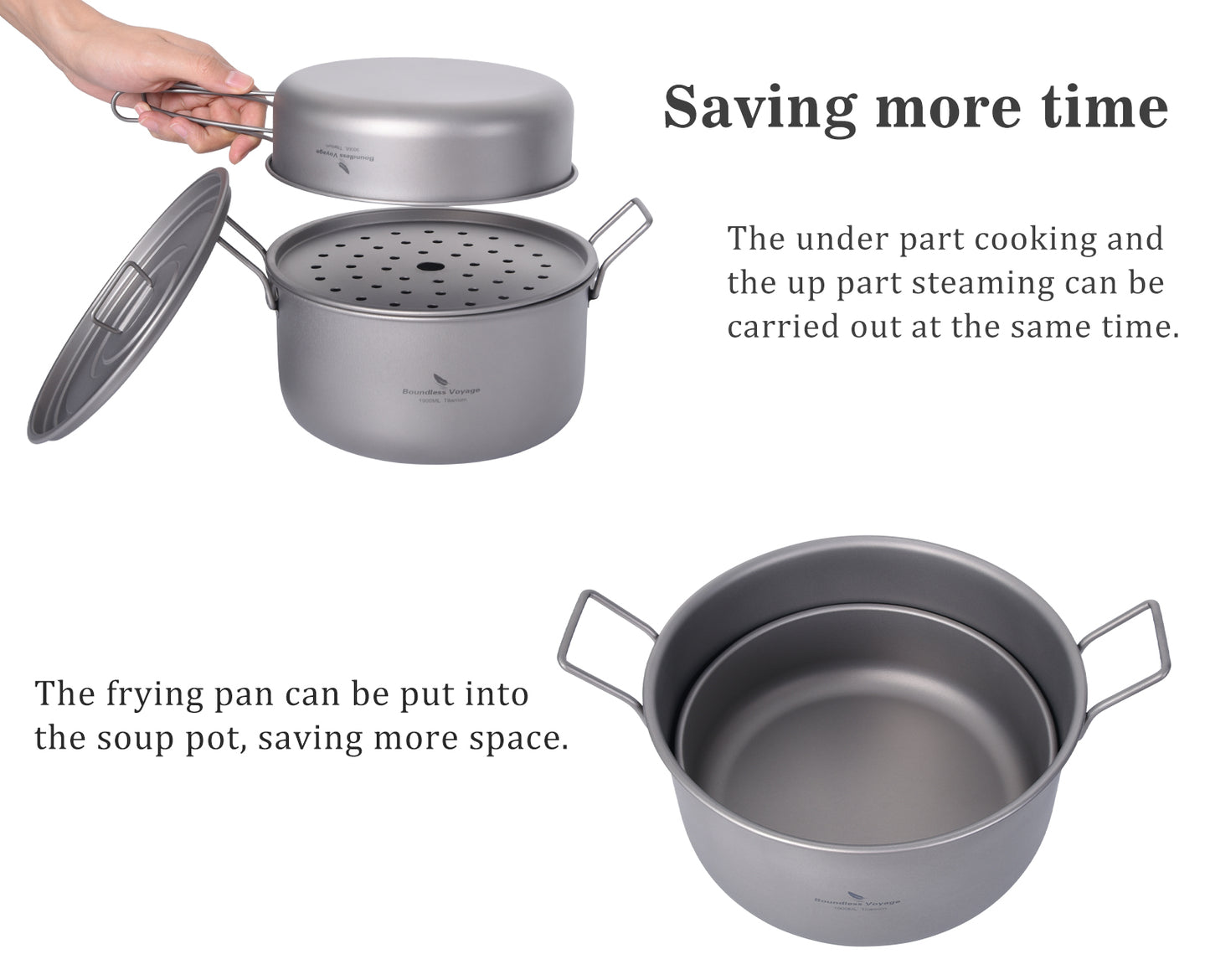 Boundless Voyage Multifunctional Titanium Cookware Set, 1900ml Soup Stockpot + 900ml Frying Pan with Lid & Tea Tray, Portable Outdoor Camping Mess Kit Ti2057C