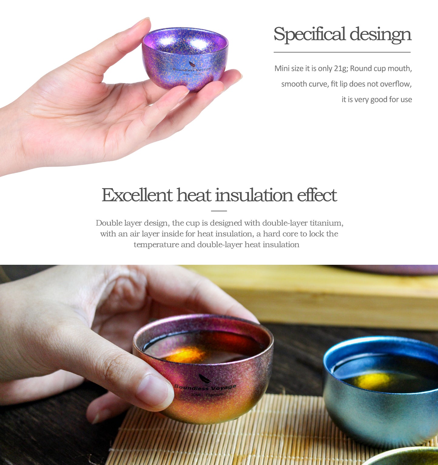 Boundless Voyage 30ml Double Wall Colorful Titanium Tea Cup, Anti-Scald Wide Mouth Mini Mug for Tea Wine Travel Camping Ti3082D