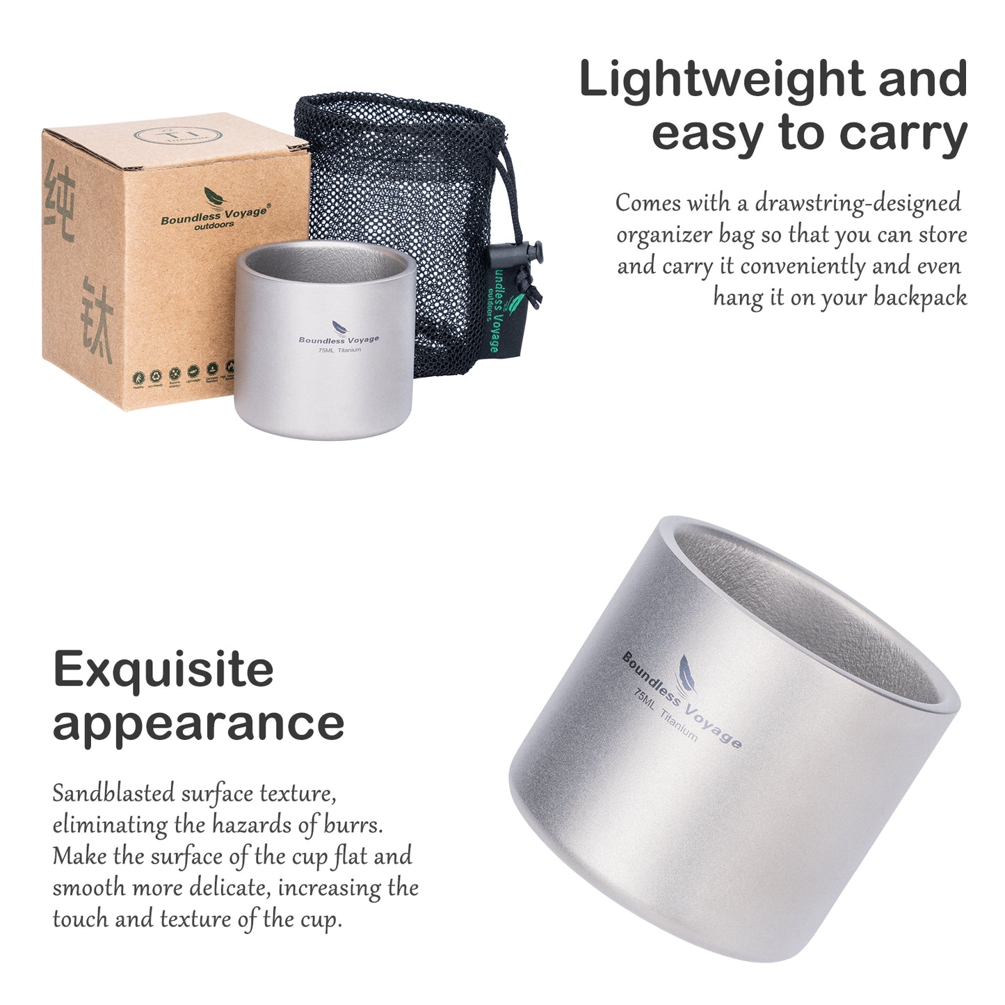 Boundless Voyage 75ml Pure Titanium Double-Wall Mug | Lightweight Heat Resistant Coffee & Tea Cup with Storage Bag, Portable Drinkware for Backpacking, Hiking, Picnic, Travel & Daily Use  Ti3045D