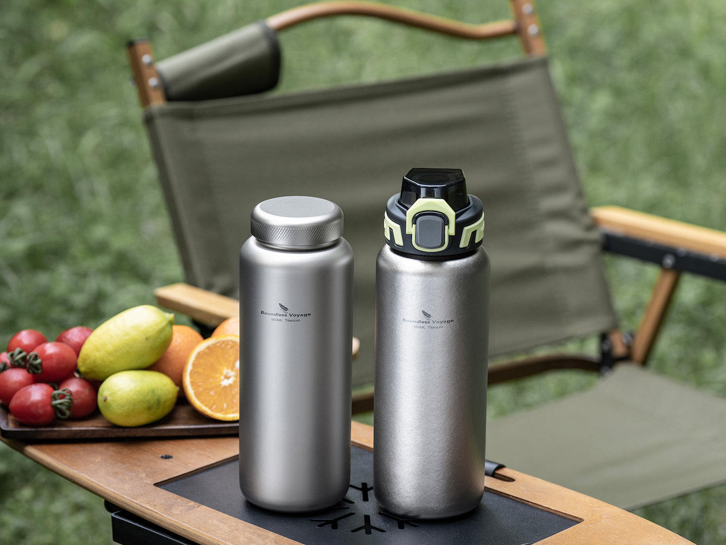 Boundless Voyage 950ml Titanium Water Bottle with Dual Lids, Wide Mouth Single-Wall Canteen for Hiking Camping Sport Ti3018D