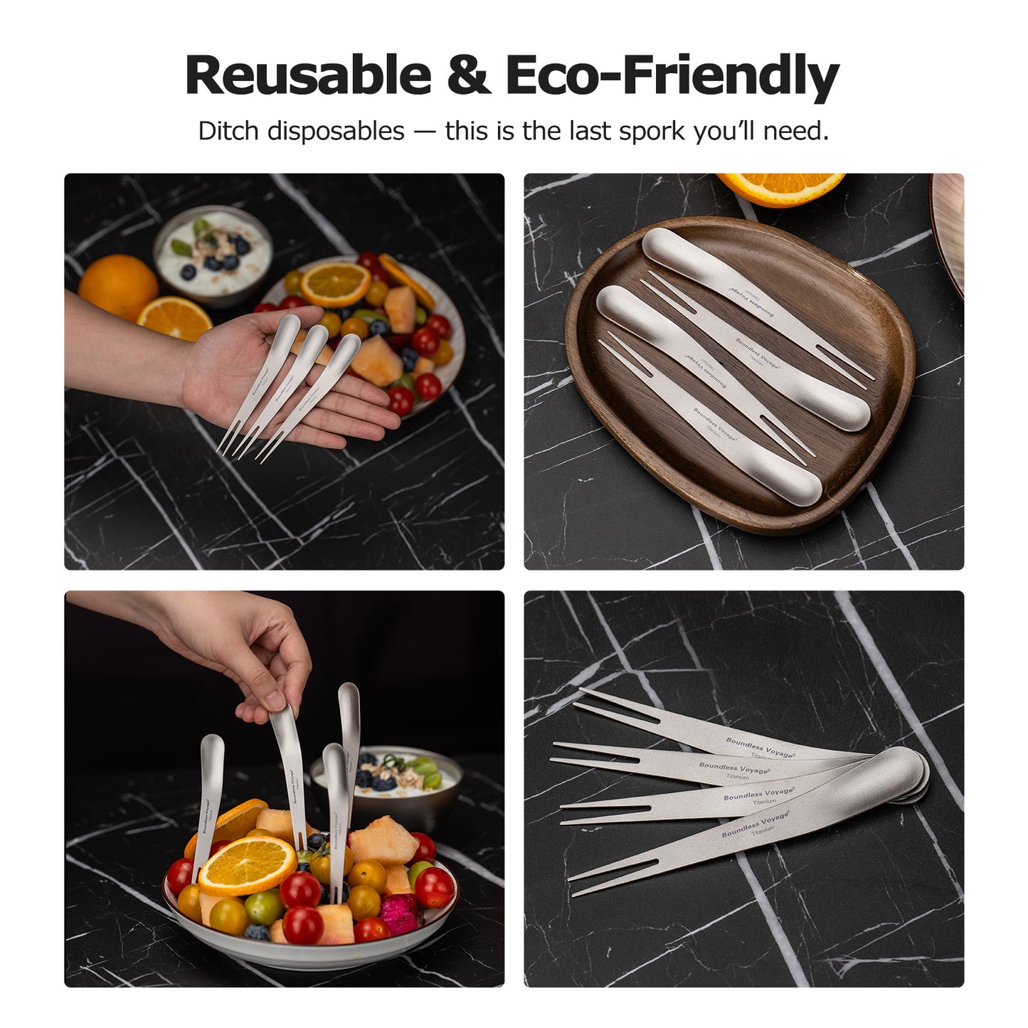 Boundless Voyage Titanium Dual-Use Fork Spoon Set, 5 Pieces Ultralight 5.6g Per Spoon-Fork, Portable Camping Cutlery Kit with Drawstring Bag for Fruit, Coffee, Ice Cream & Outdoor Travel Ti1126T