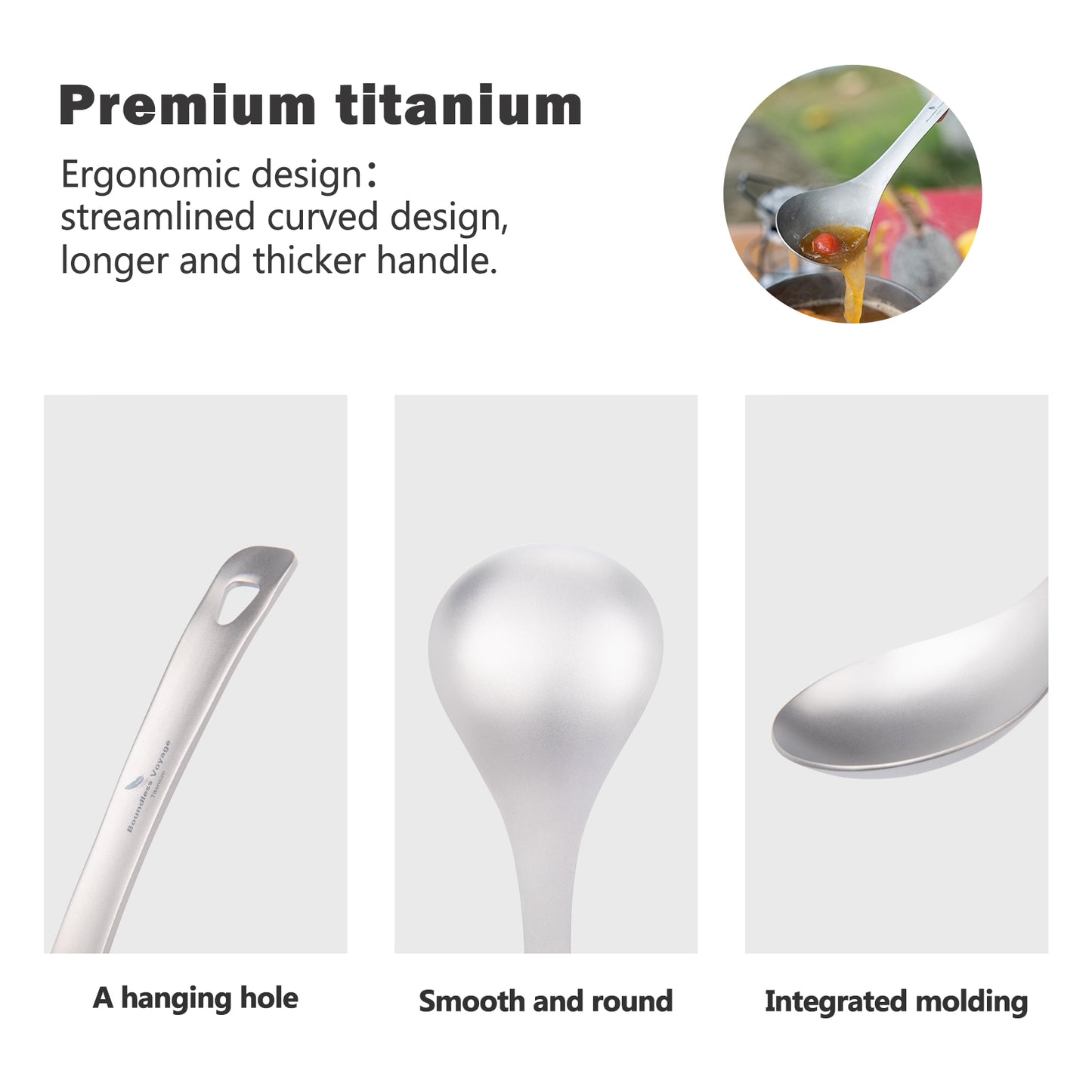 Boundless Voyage Thickened Pure Titanium Long Handle Ladle | Deep Bowl Soup Scoop for Porridge, Stew & Sauce, Kitchen & Camping Cooking Utensil Ti1038T