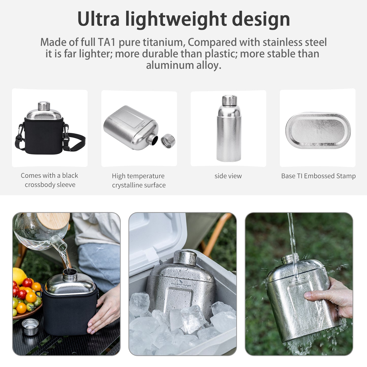 Boundless Voyage 1100ml TA1 Pure Titanium Canteen Bottle | Single Layer Open Flame Heatable Water Flask, Leakproof Double Wall Lid Military Outdoor Bottle with Crossbody Sleeve Ti3012D