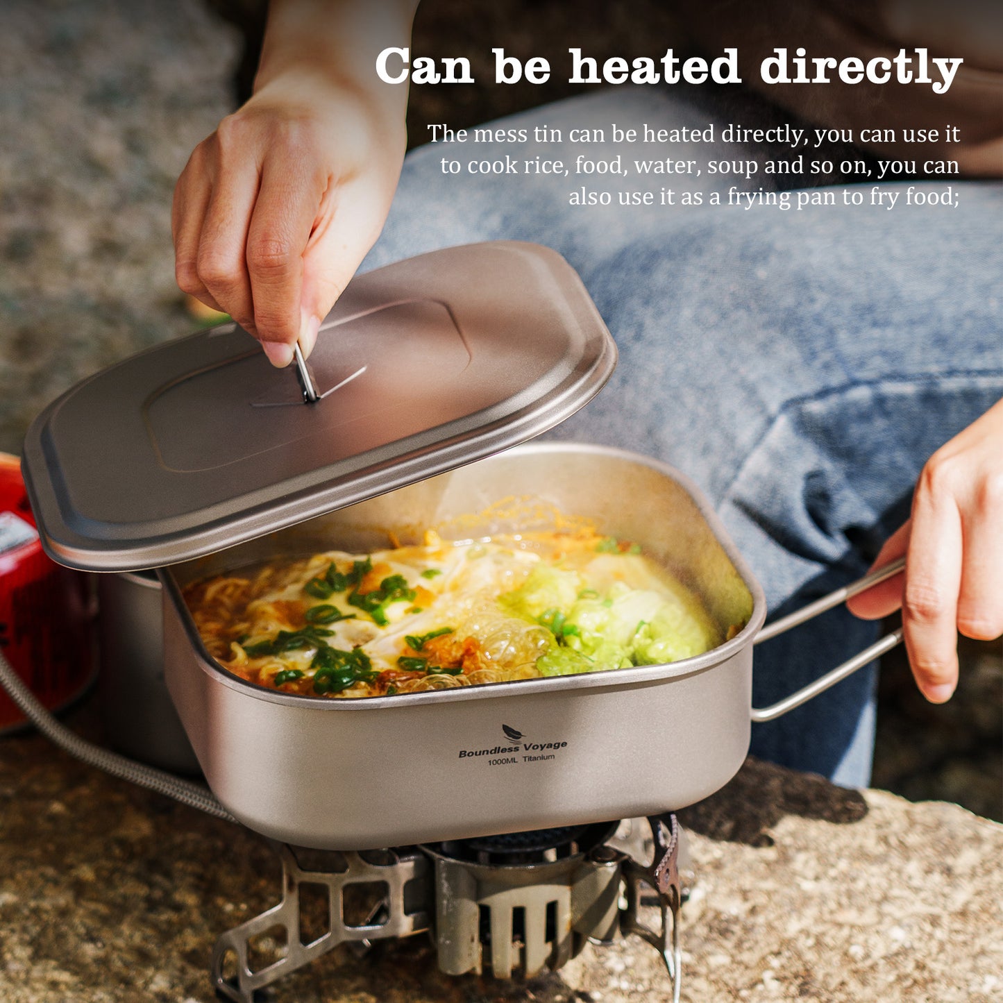 Boundless Voyage 1000ml Titanium Military Mess Tin with Lid & Folding Handle, Portable Bushcraft Cookware Multi-Purpose Lunch Box Bowl Pan for Outdoor Camping Ti2084C