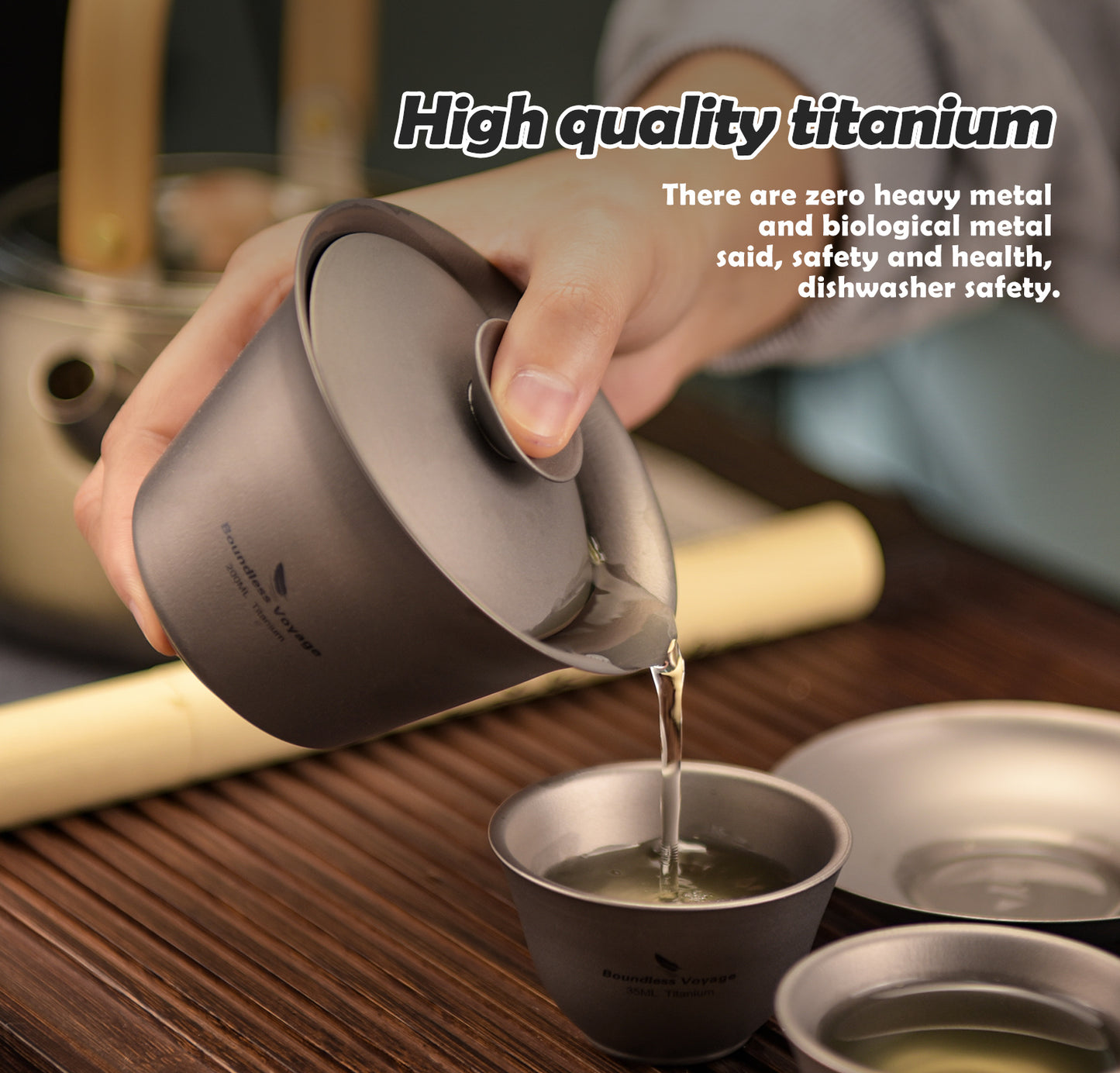 Boundless Voyage Double Walled Titanium Gaiwan, Traditional Chinese Kung Fu Tea Bowl with Lid & Saucer, Ultralight Durable Portable Tea Set for Home Tea Ceremony & Outdoor Camping Ti3123D-Ti3124D