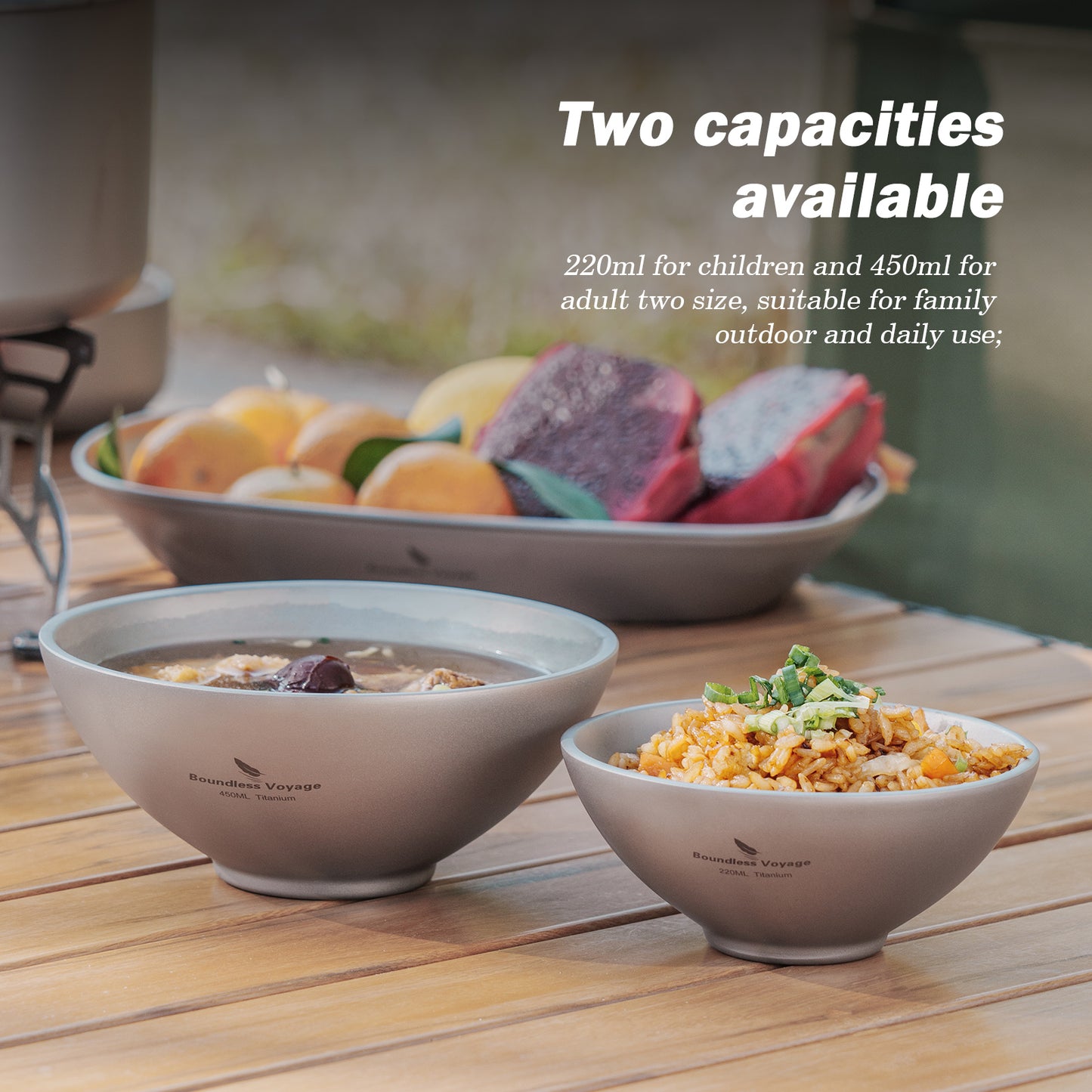 Boundless Voyage Titanium Double-Wall Bowl Set, 220ml & 450ml Nestable Anti-Scald for Family Camping Ti1085T Ti1086T