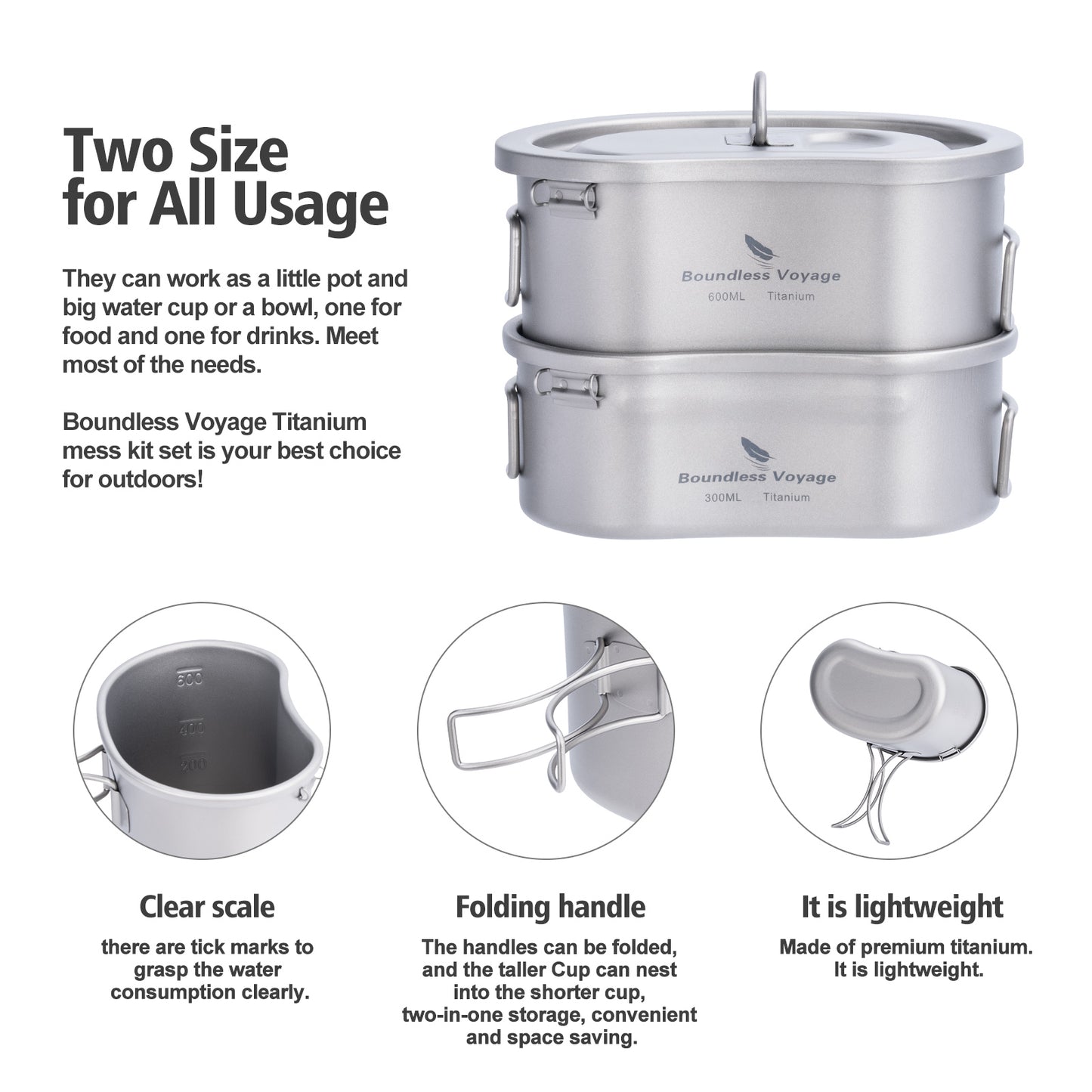 Boundless Voyage Titanium Canteen Mess Kit with Lid and Folding Handle 300ml+600ml Ultralight Portable Bowl Pot Cup Mug for Outdoor Camping Hiking Backpacking Ti2046C