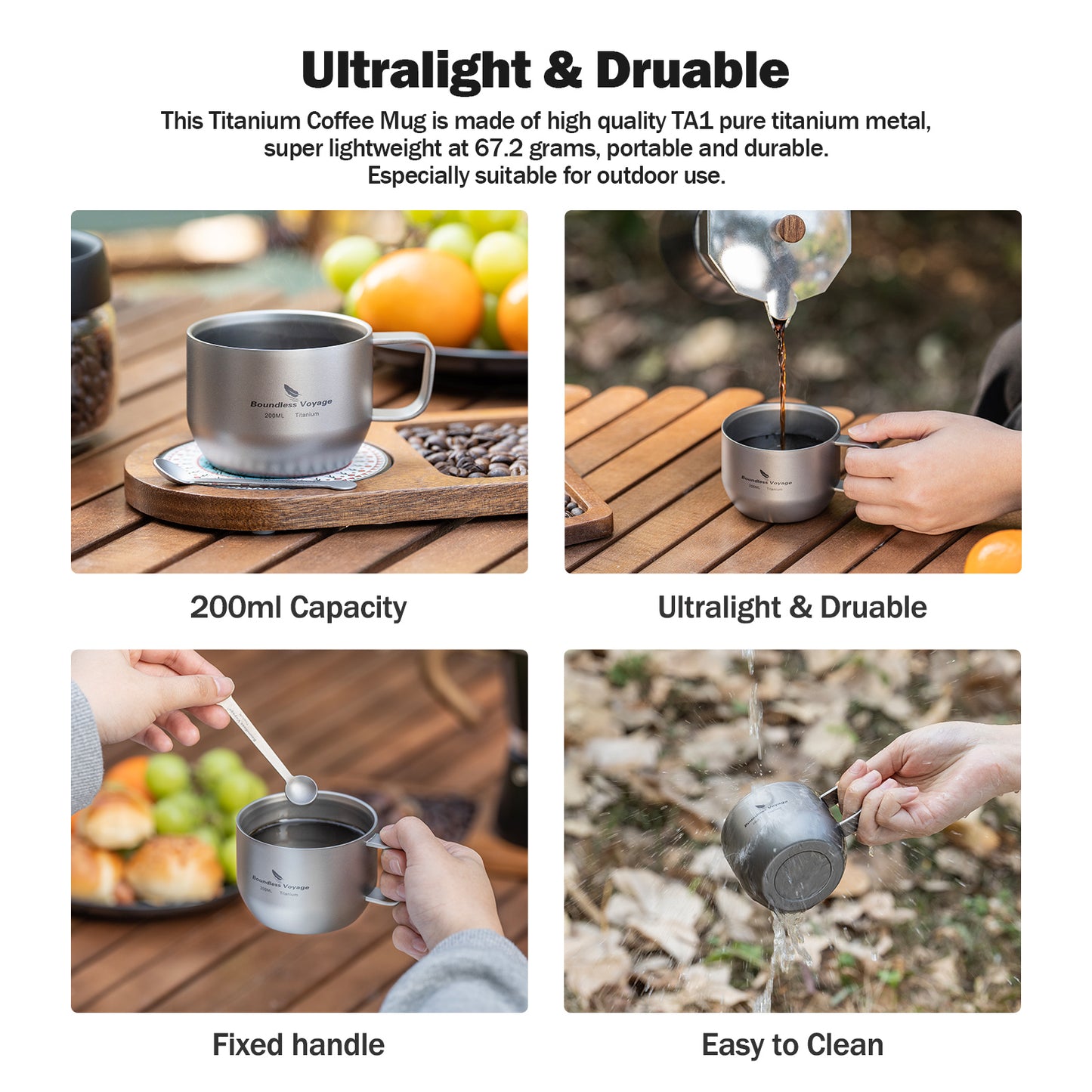 Boundless Voyage 200ml Double Wall Pure Titanium Mug | Ultralight Portable Coffee & Tea Cup for Camping, Travel & Outdoor Picnic Ti3086D