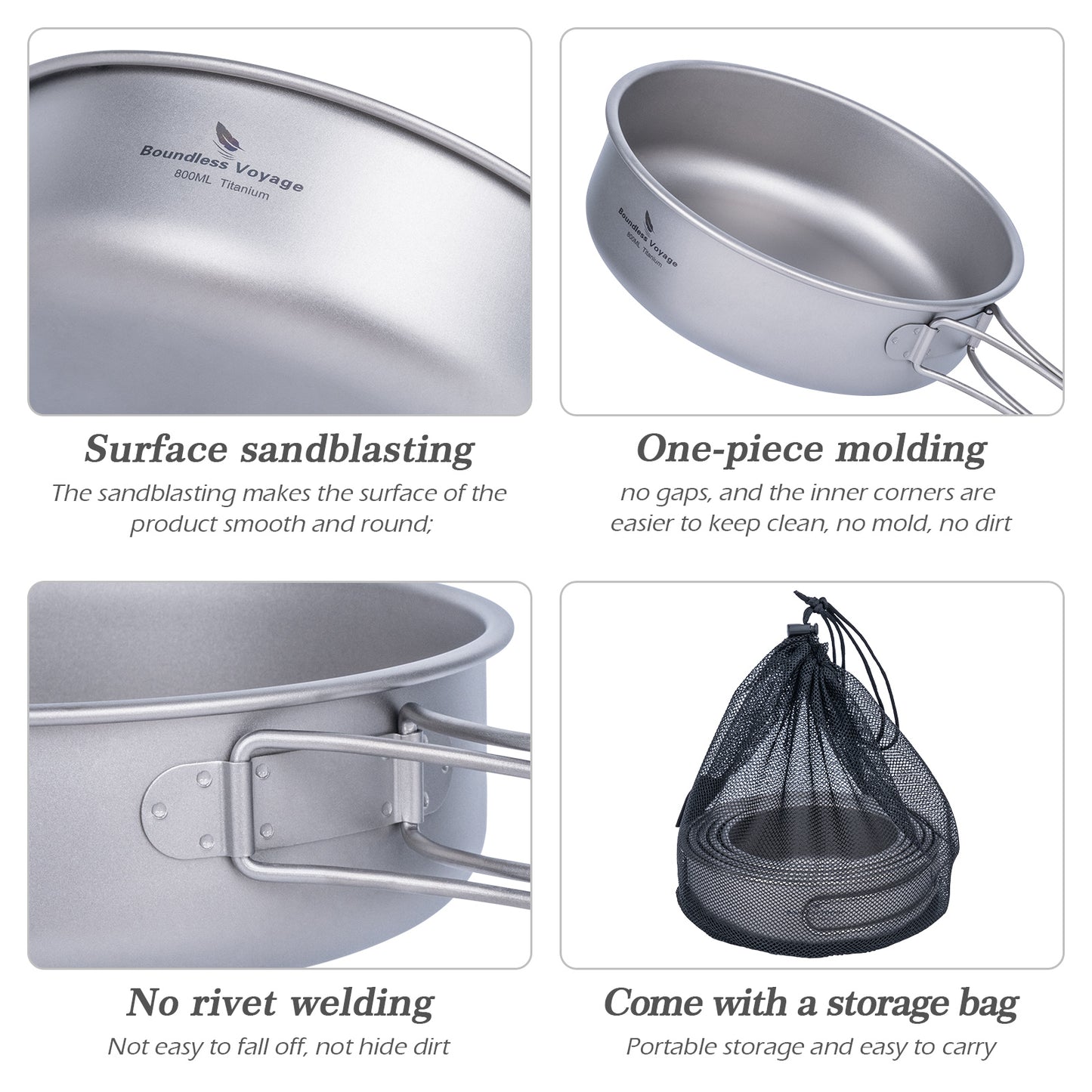 Boundless Voyage 5Pcs Pure Titanium Bowl Set with Foldable Handles, Portable Outdoor Camping Tableware Plates Dishes, 350/500/600/700/800ml Ti1096T