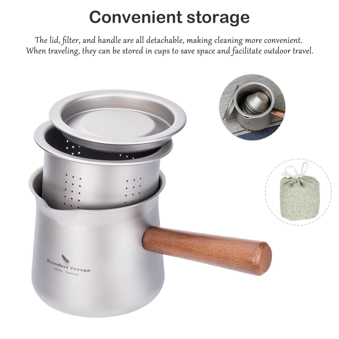 Boundless Voyage 380ml Titanium Tea Cup with Removable Wooden Handle & Filter Strainer, Ultralight Portable Mug Ti3141D