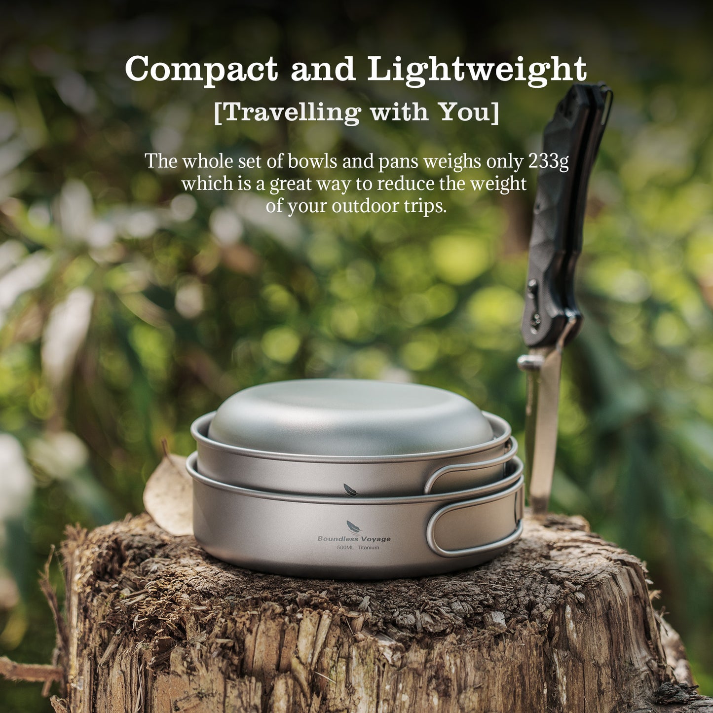 Boundless Voyage 3Pcs Pure Titanium Cookware Set, Ultralight Outdoor Camping Bowl & Frying Pan Mess Kit 500ml/550ml/650ml for Picnic Backpacking Ti2031C