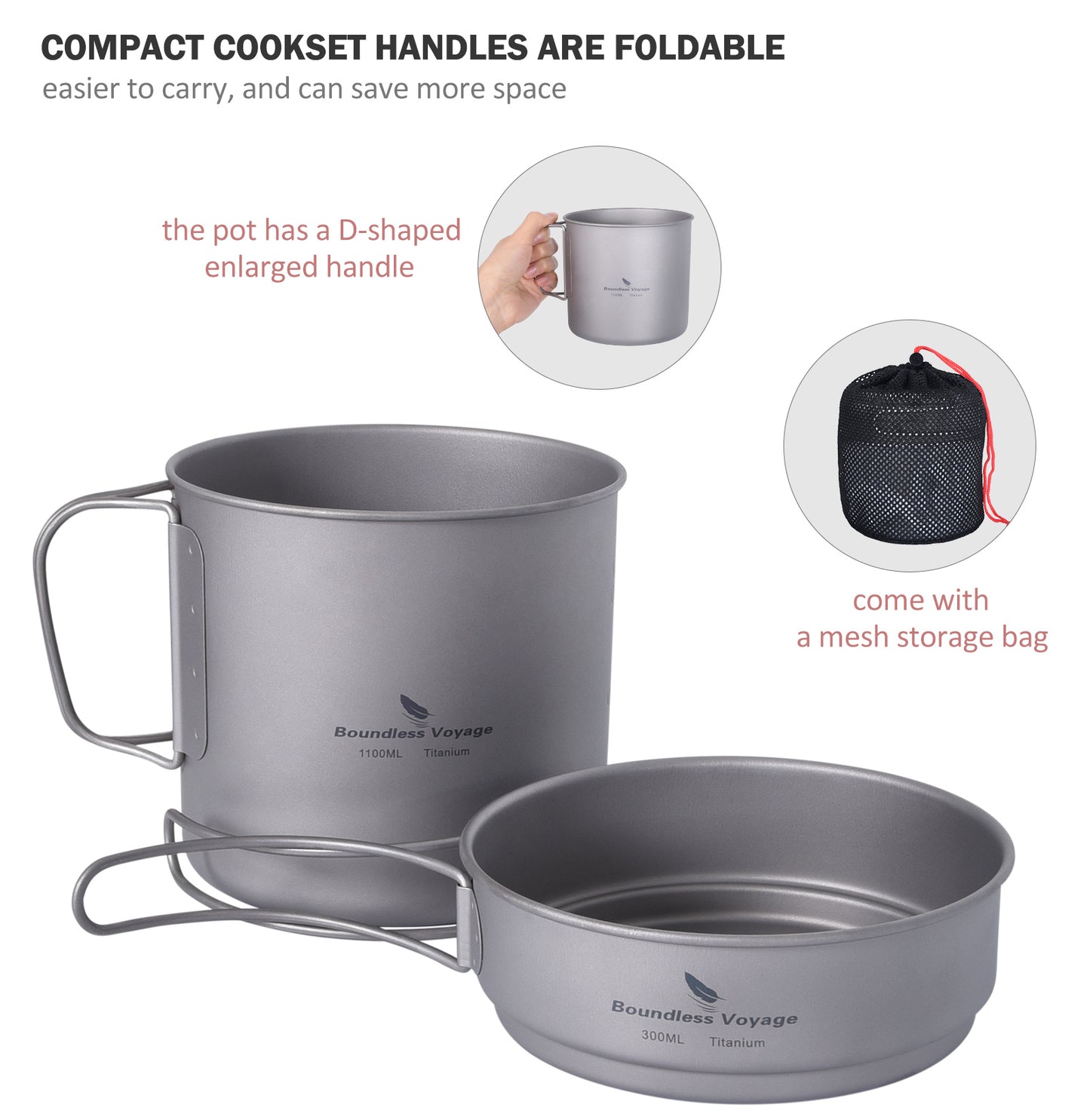 Boundless Voyage Titanium Pot & Pan Set with Folding Handle, Portable Outdoor Mess Kit Cookware for Camping Hiking Picnic Ti2053C