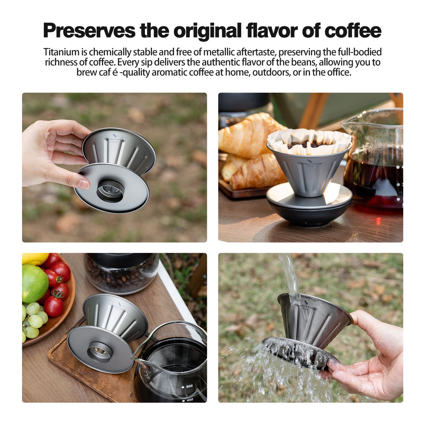 Boundless Voyage Titanium Pour Over Coffee Dripper | Reusable Cone Coffee Strainer Filter, 1-2 Cup Single Serve Coffee Brewer for Travel Camping Home Ti6005P
