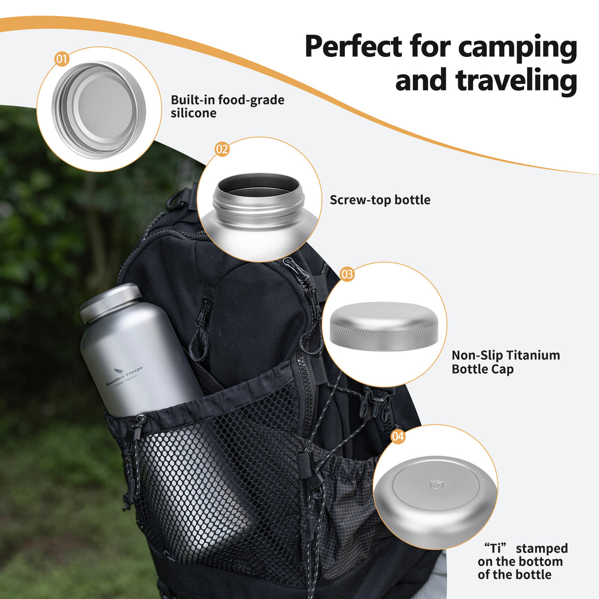 Titanium water bottle stored in backpack side pocket featuring silicone seal and non-slip cap