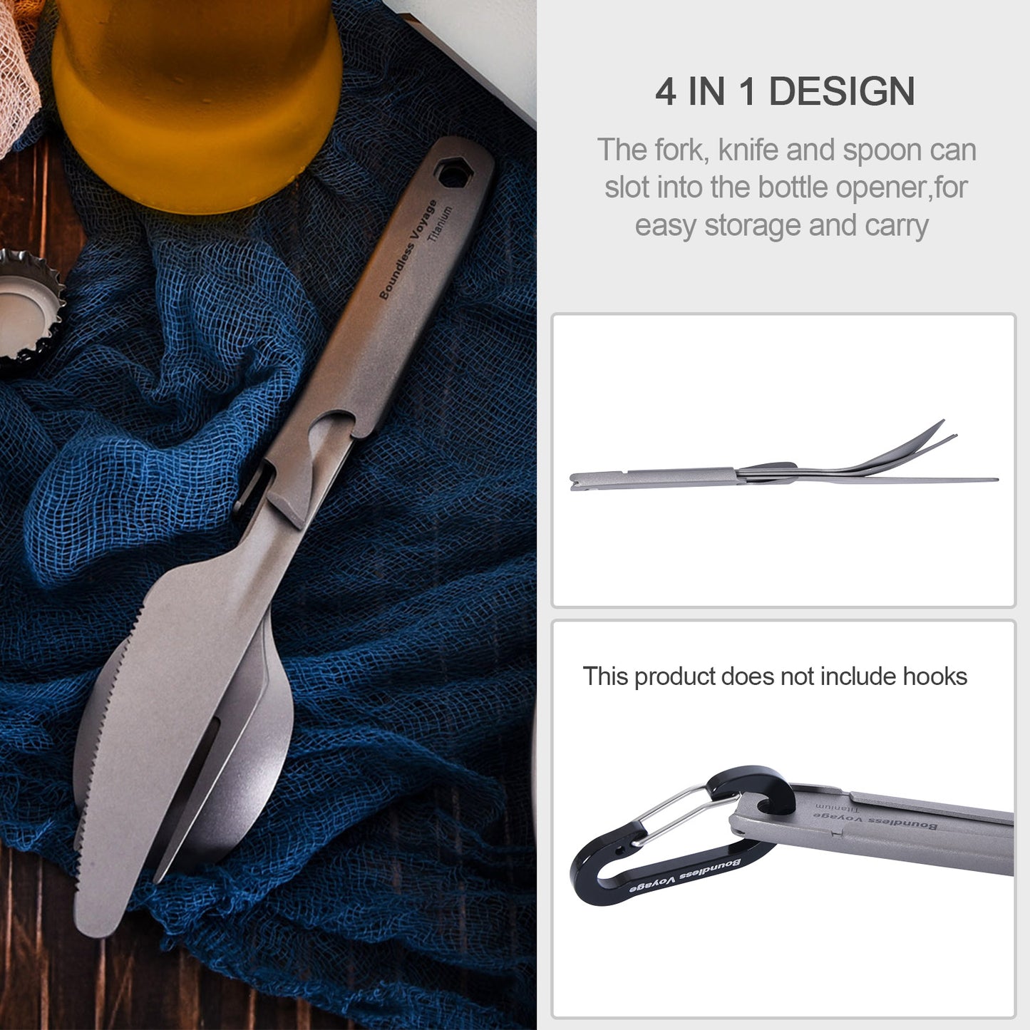 Boundless Voyage Utility Titanium Cutlery Set, Spoon Fork Knife with Built-In Bottle Opener, Portable Travel Camping Tableware with Easy Storage Cloth Case Ti1066T