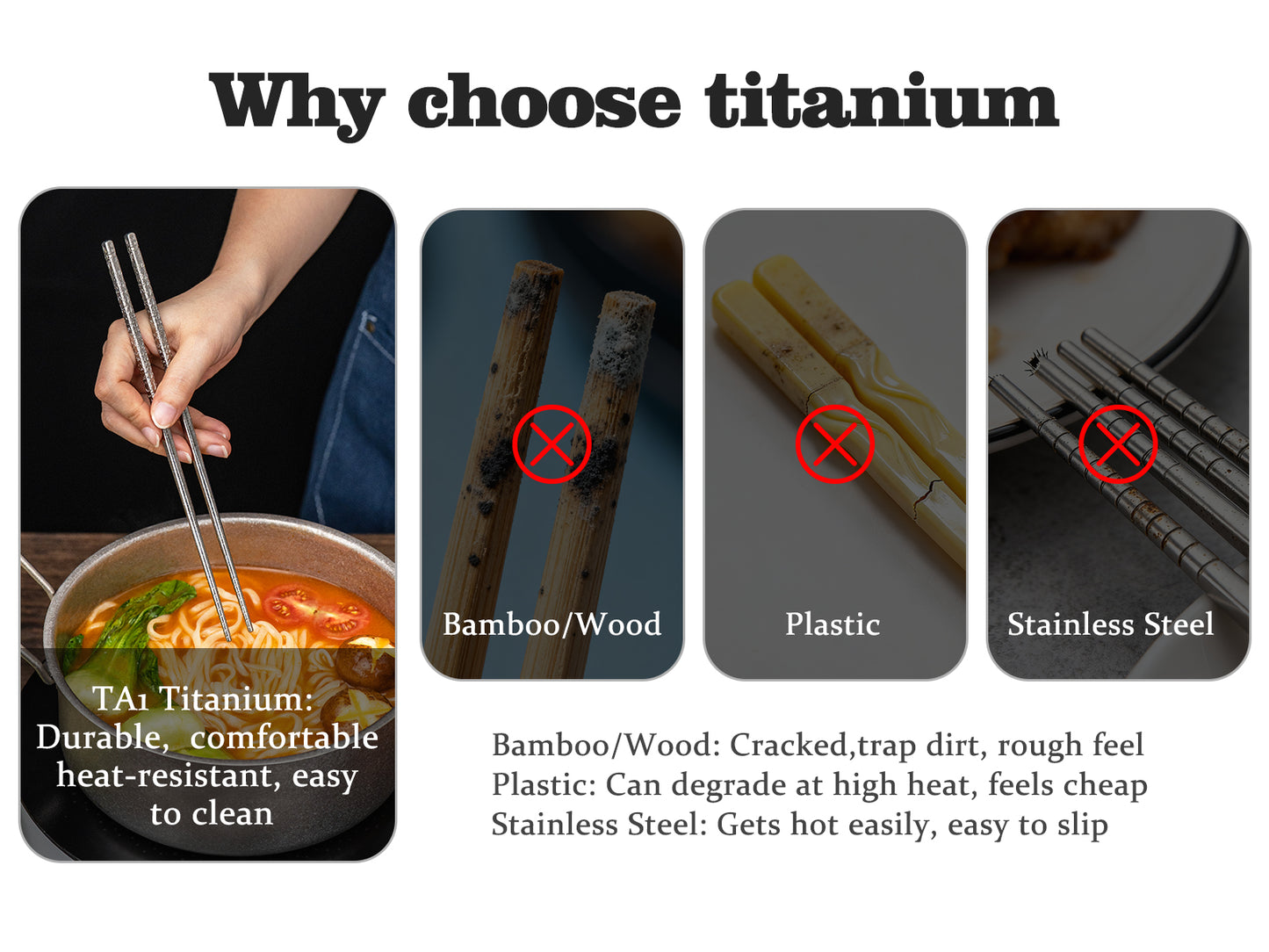 Boundless Voyage 23cm Solid Pure Titanium Chopsticks, Food Grade Non-Slip Reusable Metal Chopsticks for Camping Travel Office Home Kitchen Restaurant Gift Ti1184T
