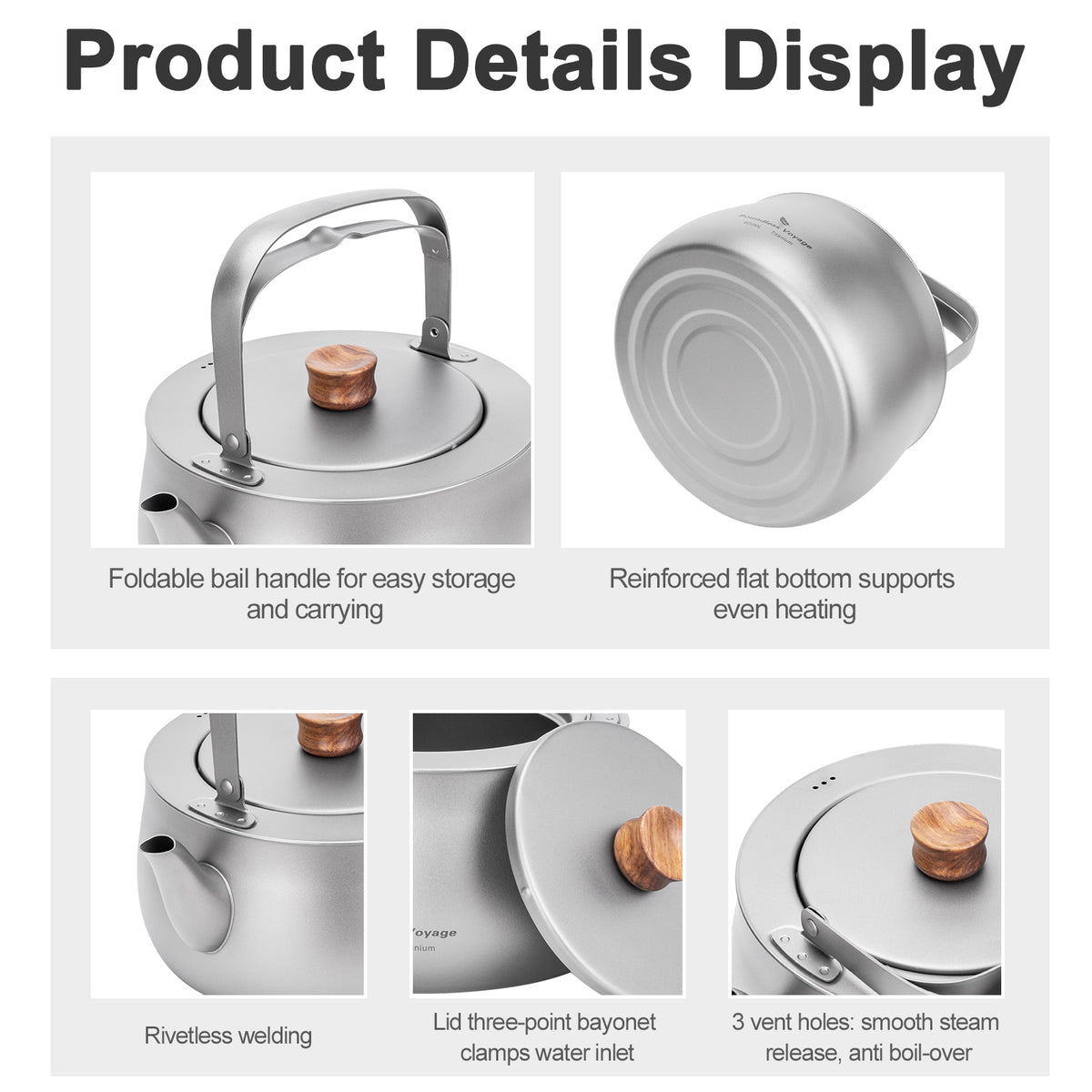 Boundless Voyage Titanium Camping Kettle 800ml with Folding Handle for Outdoor Camping Ti3130D