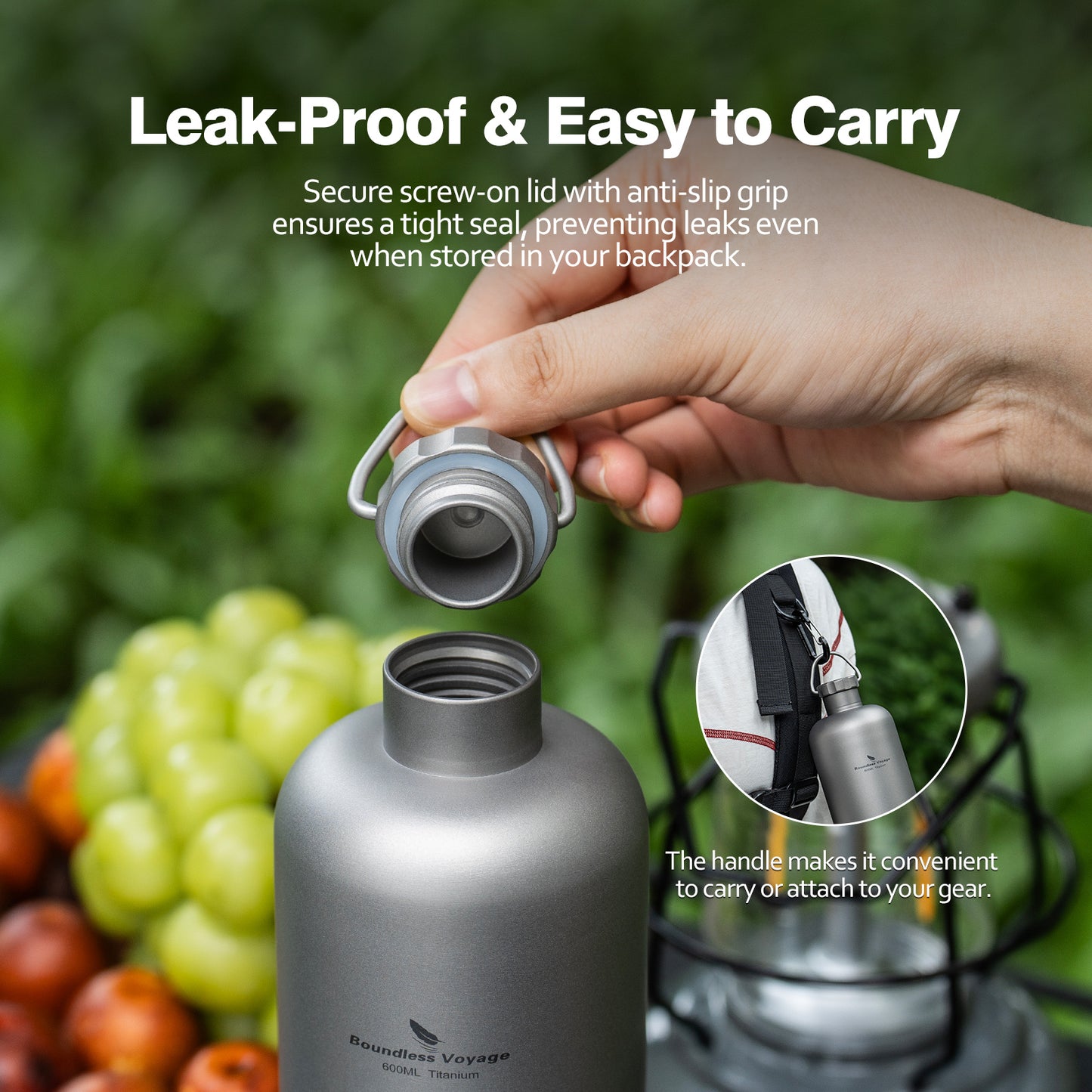 Boundless Voyage Titanium Water Bottle 600ml Ultralight Leak-Proof Lid, Durable & Corrosion Resistant, for Hiking, Camping, Travel & Everyday Use Ti3009D