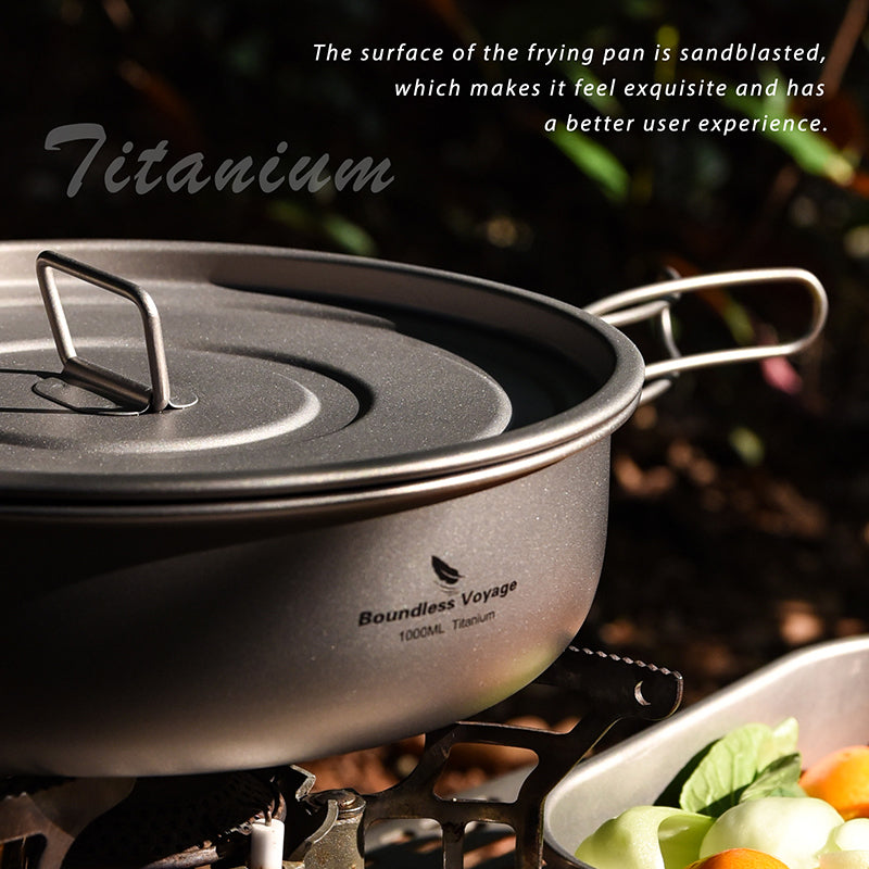 Boundless Voyage Pure Titanium Frying Pan with Lid & Foldable Handles | Ultralight Portable Griddle Cookware for Hiking & Backpacking Ti2065C