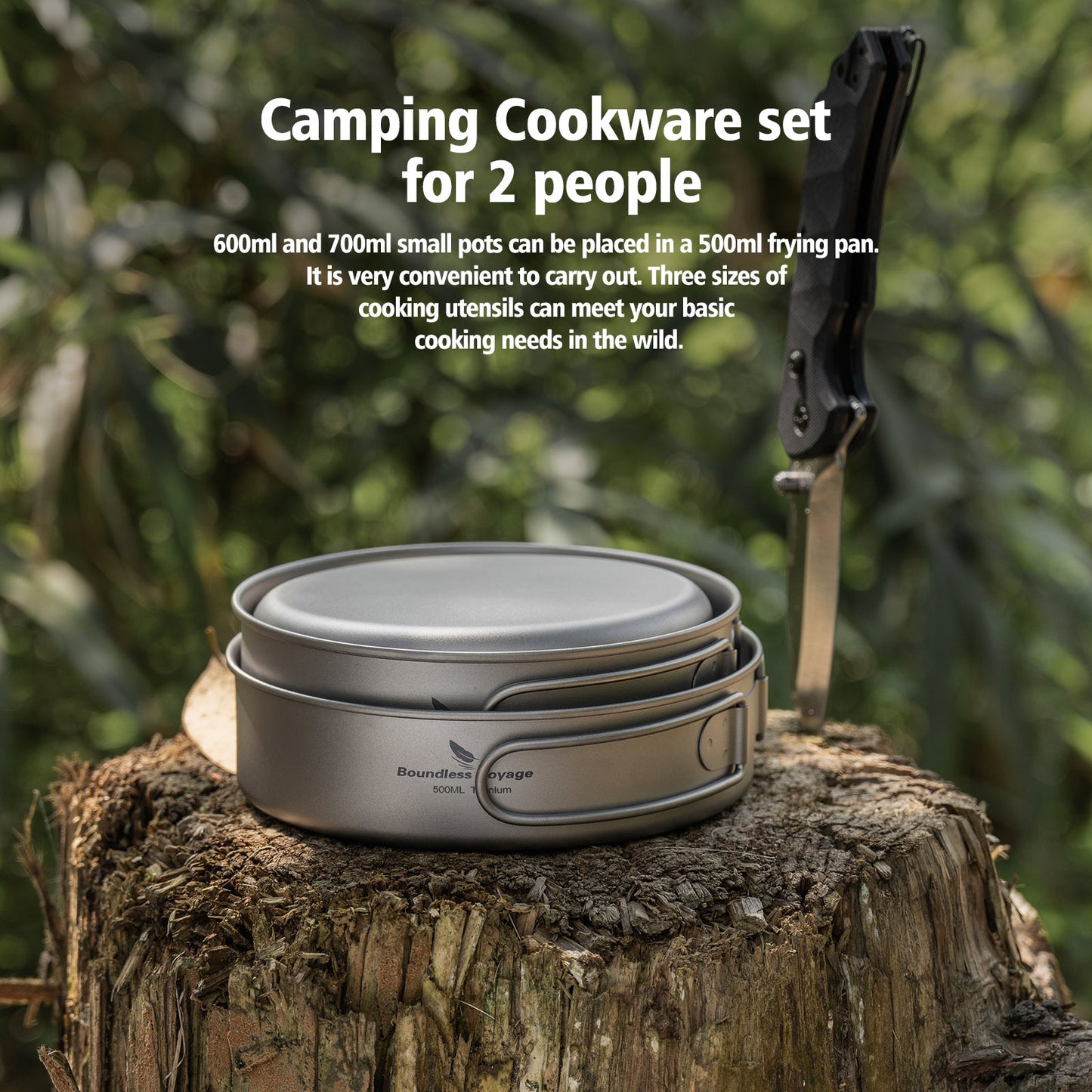 Boundless Voyage Pure Titanium Camping Cookware Set 3Pcs Foldable Handle Stackable Outdoor Tableware Pot Pan Set Ti2032C
