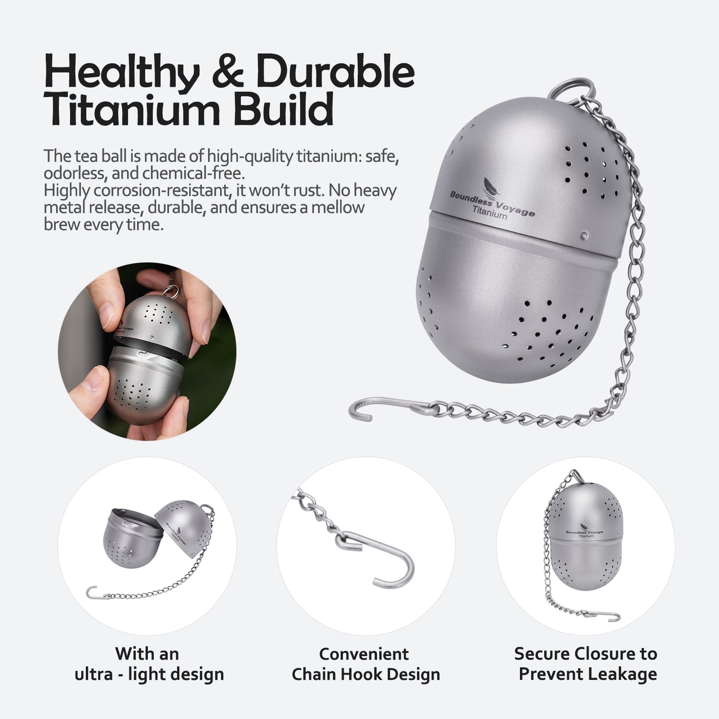 Boundless Voyage Ultralight Titanium Tea Ball Infuser with Extended Chain, Fine Mesh Strainer for Loose Tea & Spices, Reusable Filter for Mugs Teapots Home Kitchen Teaware Ti3207A