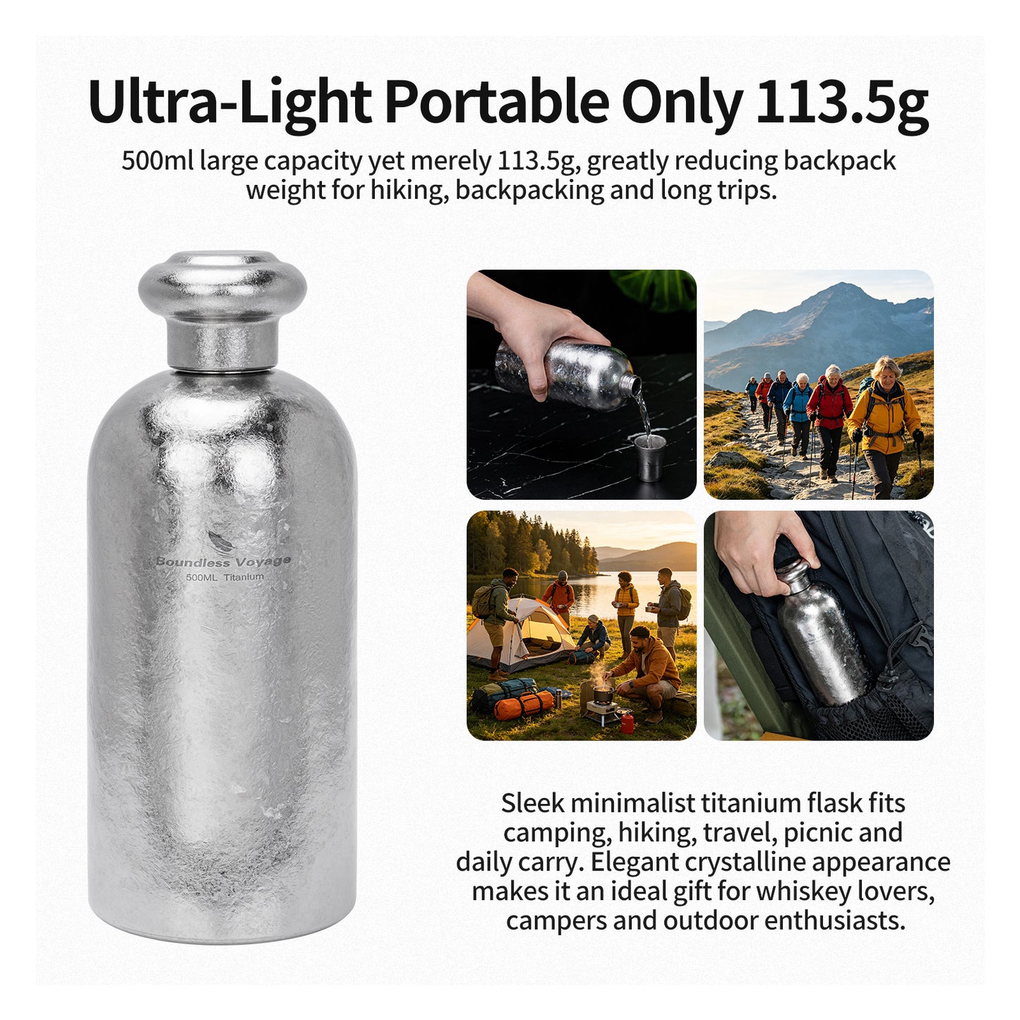 Boundless Voyage 500ml Coating-Free Titanium Flask bottle, Leakproof Narrow Mouth Portable Liquor Bottle for Travel Camping Hiking Ti3268A