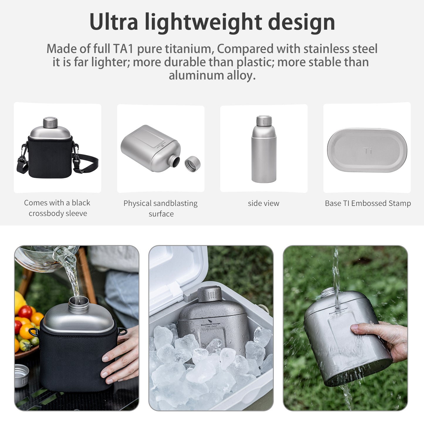 Boundless Voyage 1100ml TA1 Pure Titanium Canteen Bottle | Single Layer Open Flame Heatable Water Flask, Leakproof Double Wall Lid Military Outdoor Bottle with Crossbody Sleeve Ti3012D