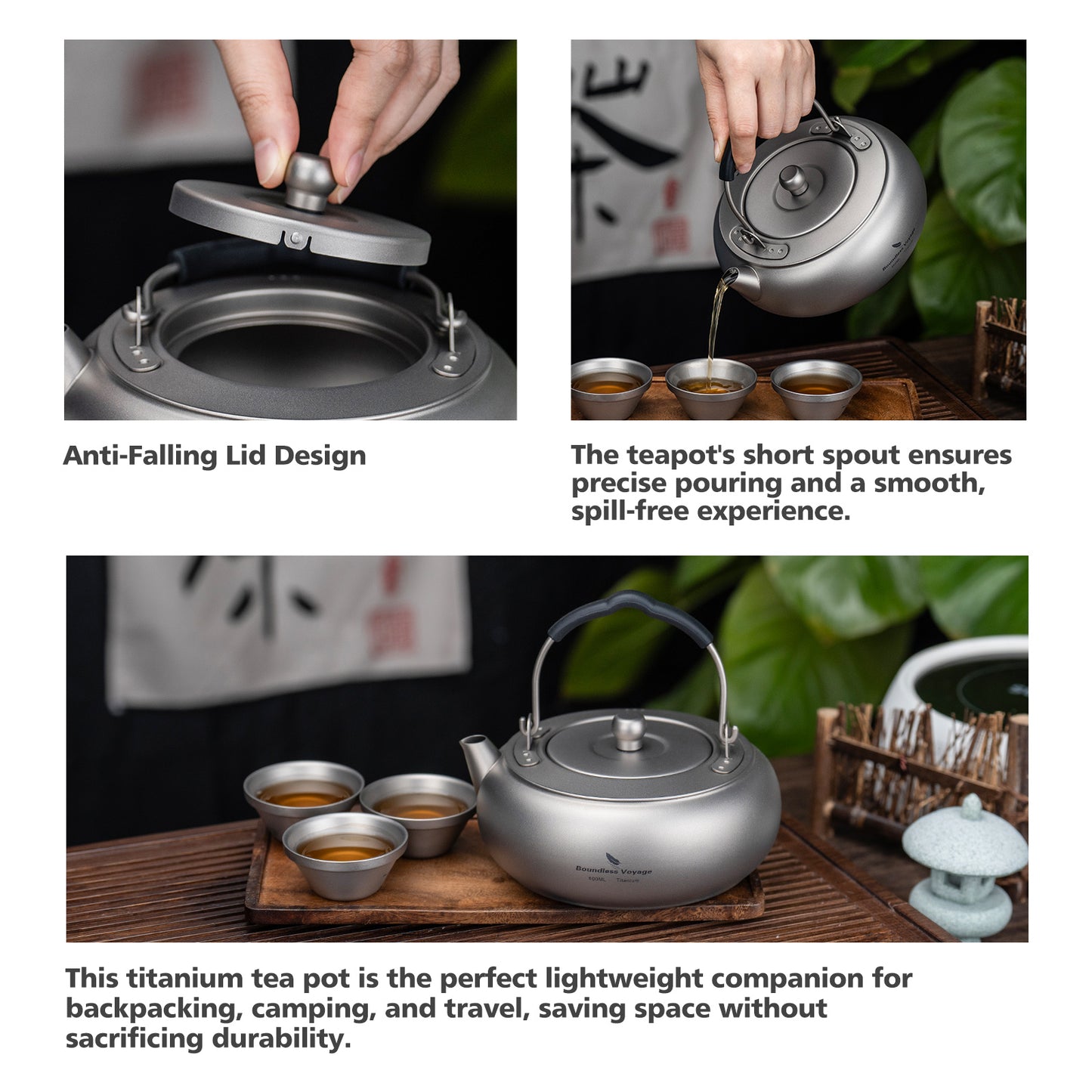 Boundless Voyage 600ml Compact Pure Titanium Camping Kettle | Durable Lightweight Teapot with Foldable Handle & Built-In Filter for Backpacking, Hiking, Coffee and Tea Ti3105D