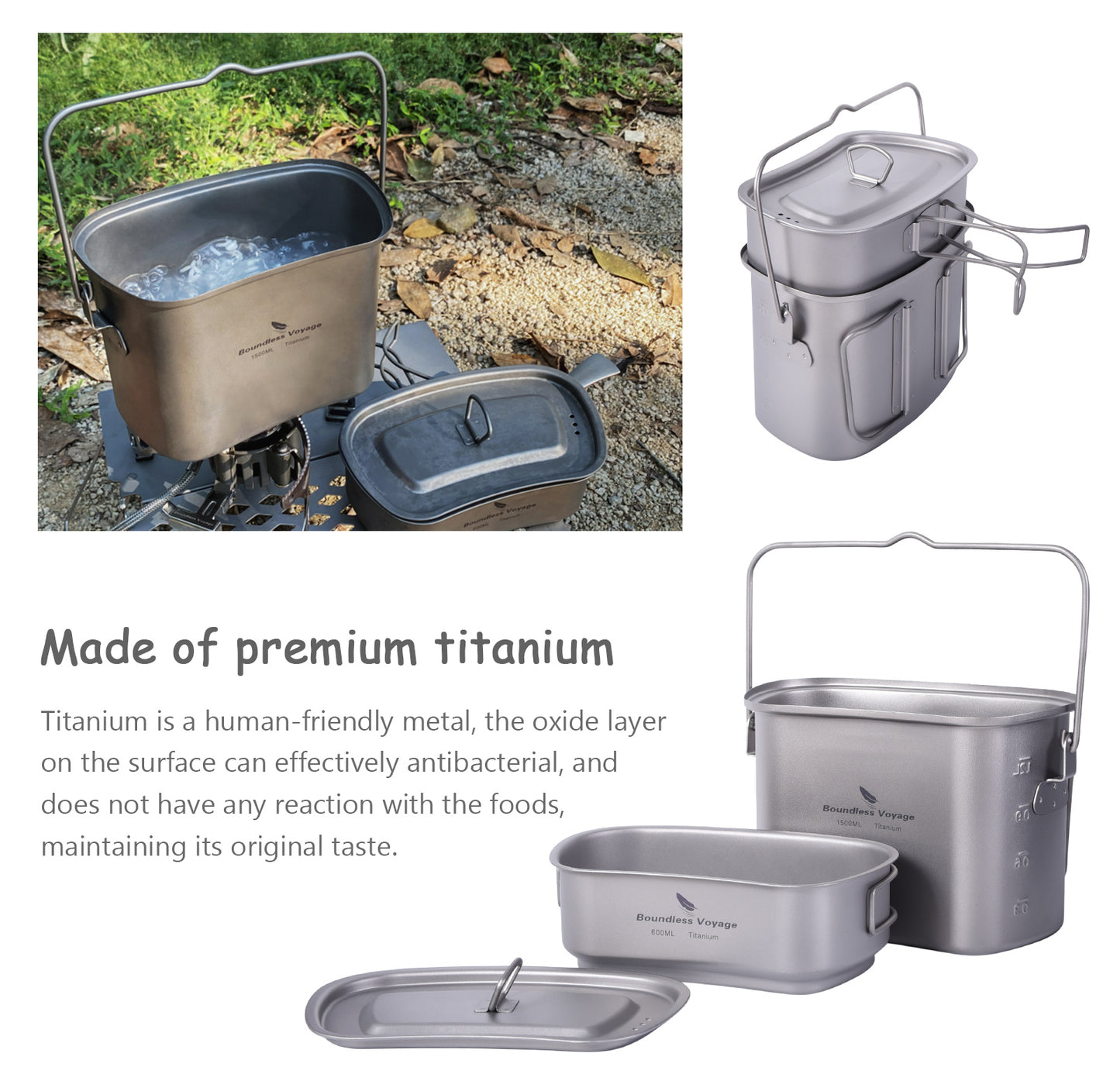 Boundless Voyage Titanium Hanging Cookware Set, 1500ml Pot + 600ml Cup with Lid & Foldable Handles, Ultralight Portable Outdoor Camping Mess Kit Ti2059C