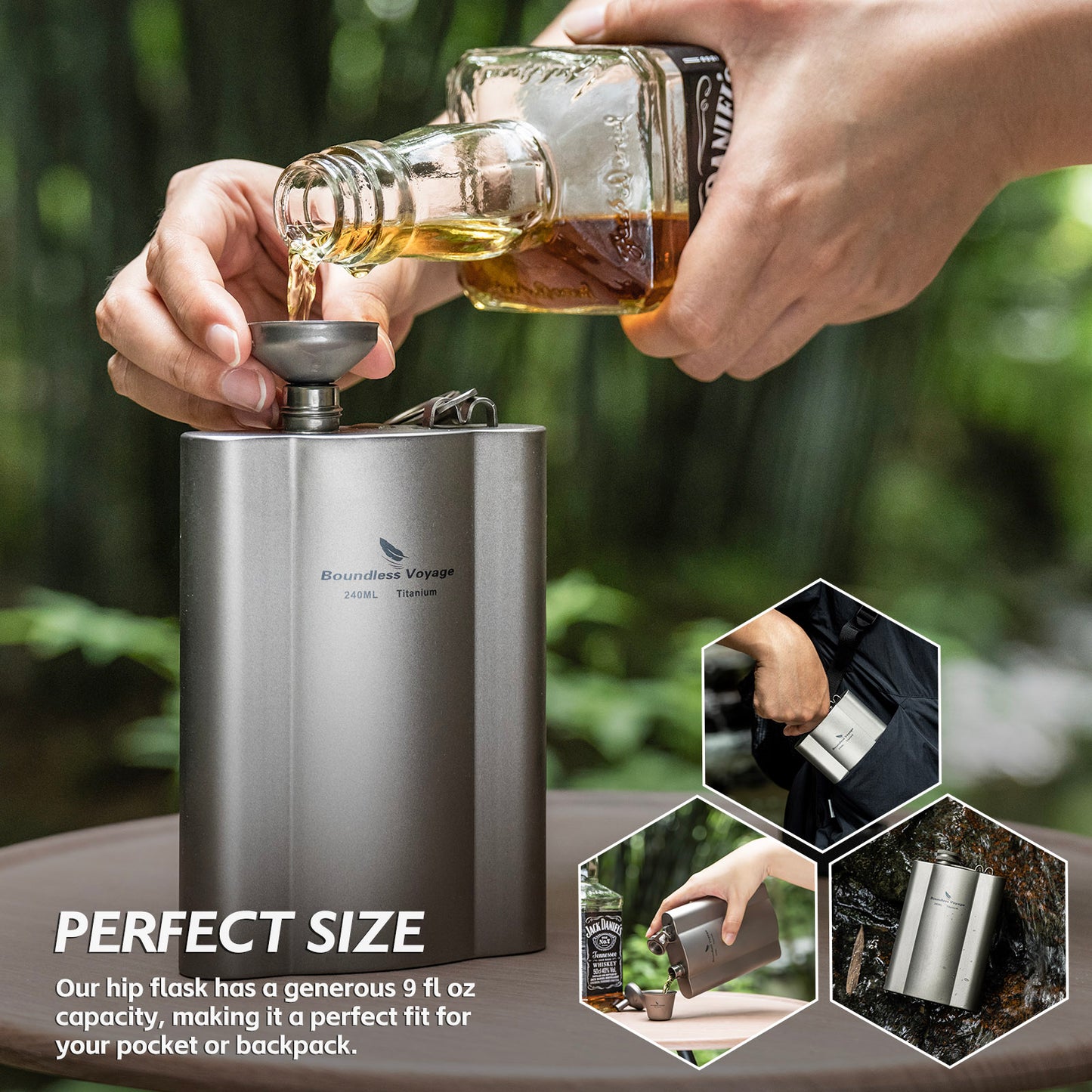 Boundless Voyage Titanium Hip Flask 180ml / 240ml Rust-Free Ultralight Small Liquor Flask Bottle for Whiskey Vodka Wine Outdoor Portable Travel Outdoor Ti3071D / Ti3072D/ Ti3073D
