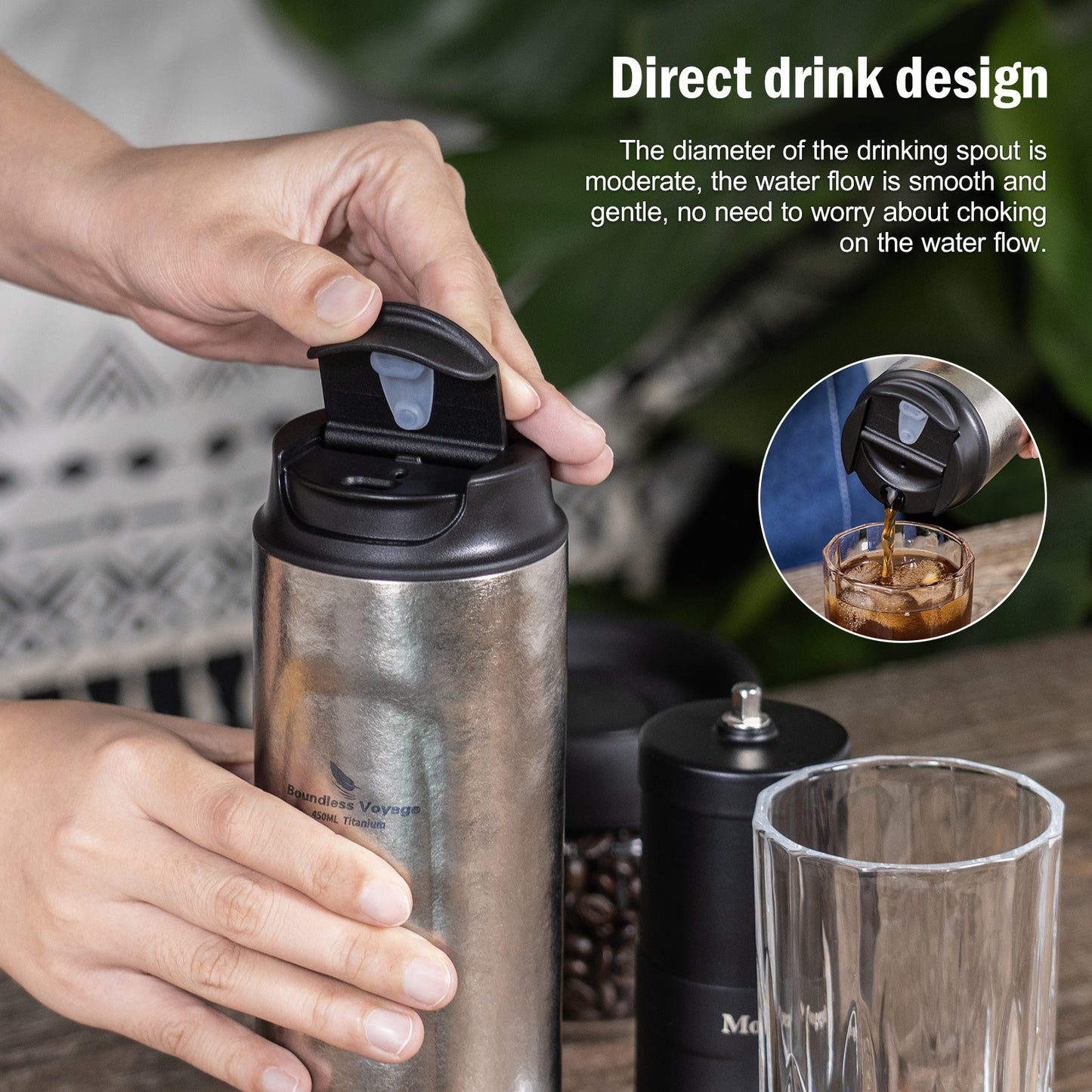 Boundless Voyage 450ml Double-Walled Insulated Titanium French Press Coffee Tumbler with Lid, Portable Filter Coffee Mug for Travel Daily Use Ti3255D