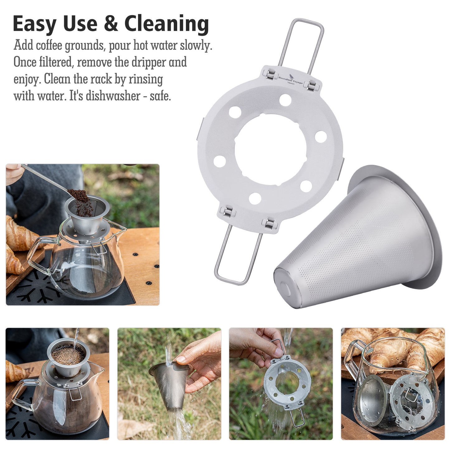 Boundless Voyage Titanium Pour Over Coffee Dripper, Paperless Reusable Metal Cone Coffee Filter with Foldable Holder, Portable Coffee Maker for Home Office Outdoor Travel Camping Ti6004P