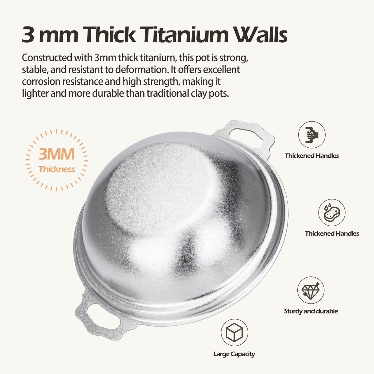 3mm thick titanium walls and flat bottom construction for durable stovetop cooking