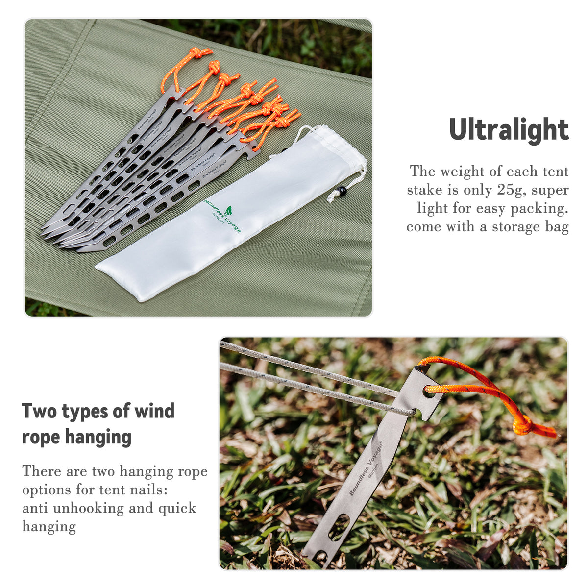 Boundless Voyage 22cm V-Shape Titanium Tent Stakes with 12-Hole Design, Ultralight Heavy Duty Ground Pegs for Camping Hiking Awning, 8Pcs Ti4011P