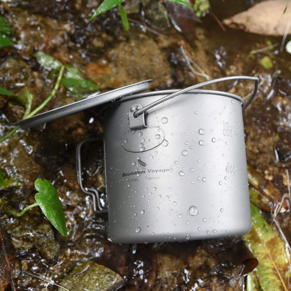 Boundless Voyage 1100ml Titanium Pot with Lid, Foldable Bail Handle Camping Cook Pot for Hiking Backpacking Ti3041D