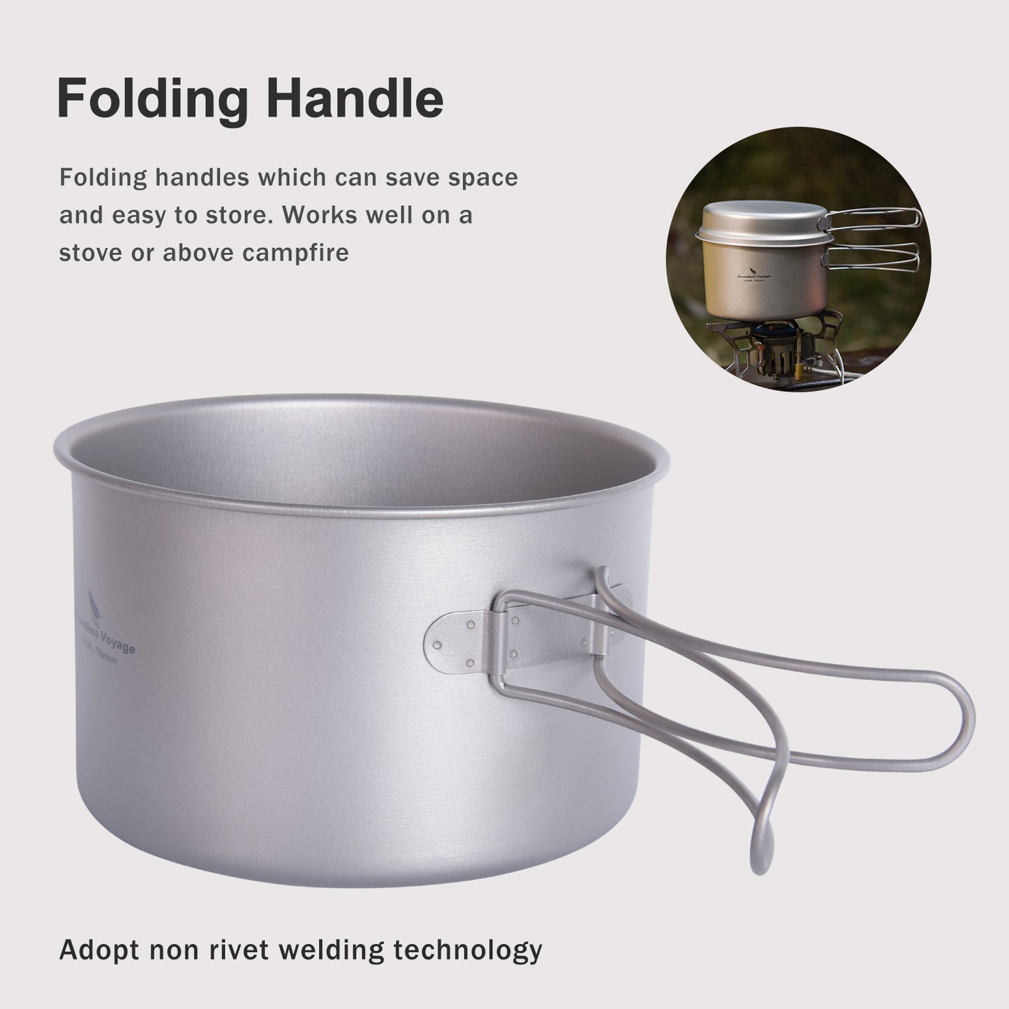 Boundless Voyage Outdoor Titanium Pot with Pan Set, Collapsible Folding Handle Portable Cookware for Camping Hiking Backpacking Cooking Ti2110C
