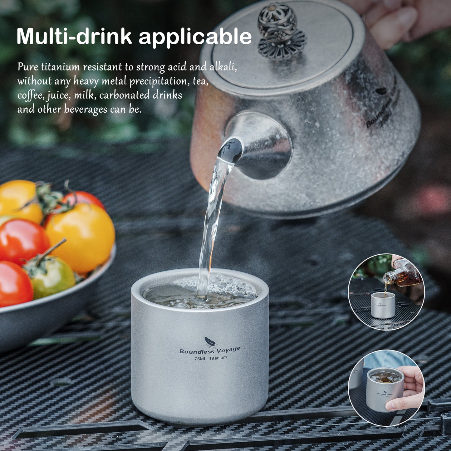 Boundless Voyage 75ml Pure Titanium Double-Wall Mug | Lightweight Heat Resistant Coffee & Tea Cup with Storage Bag, Portable Drinkware for Backpacking, Hiking, Picnic, Travel & Daily Use  Ti3045D