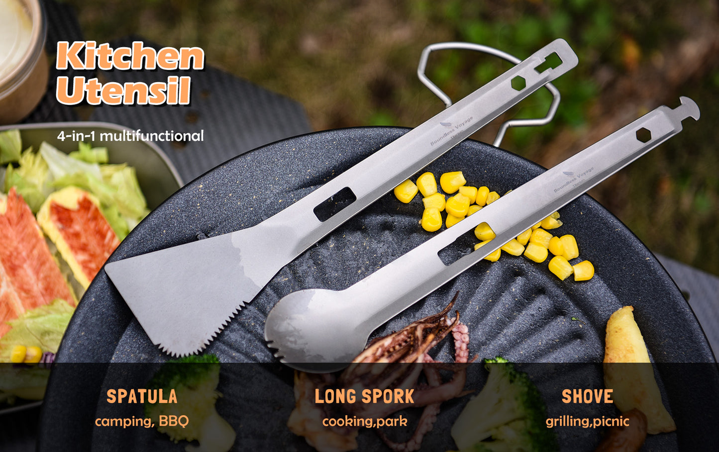 Boundless Voyage Titanium Alloy 4-in-1 Multi Utensil, Integrated Tong Spork Shovel Spatula, Lightweight Portable Cookware for Camping Backpacking Travel Outdoor Cooking Ti1080T
