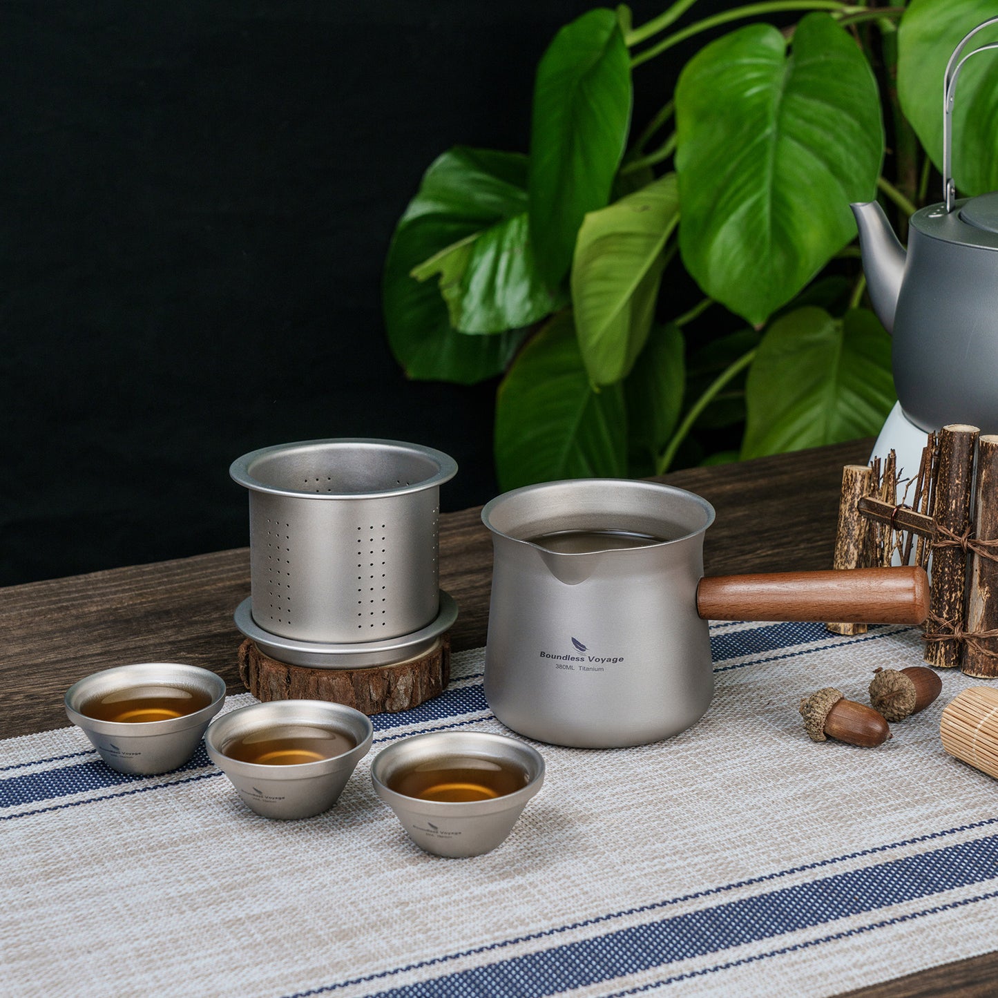 Boundless Voyage 380ml Titanium Tea Cup with Removable Wooden Handle & Filter Strainer, Ultralight Portable Mug Ti3141D