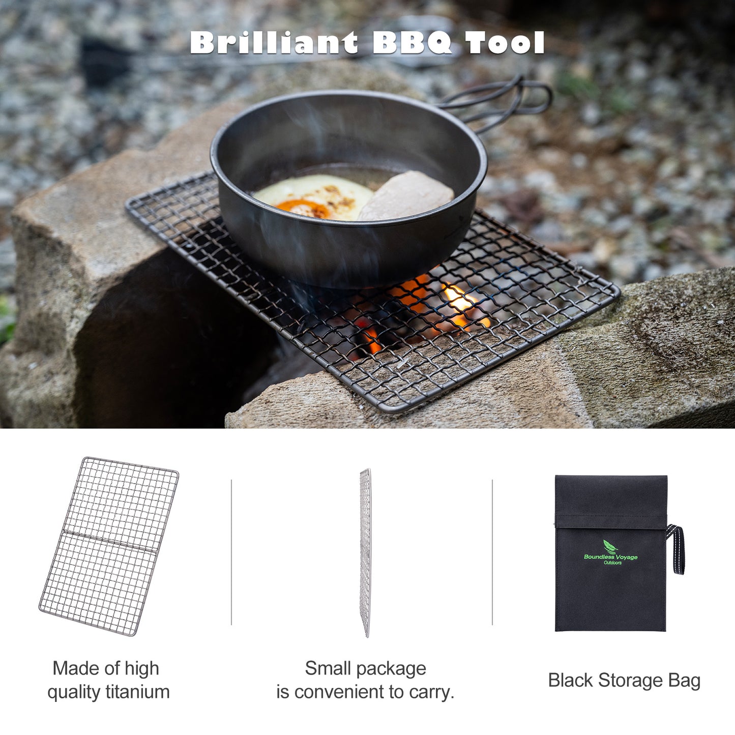 Boundless Voyage Mini Titanium BBQ Grill Plate | Durable Portable Charcoal Grilling Tray with Carry Bag, Outdoor Cookware for Camping & Beach Ti2022C