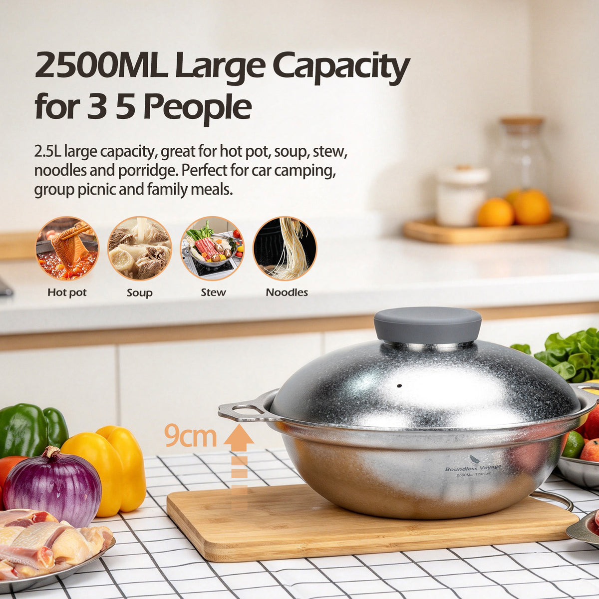 2500ml large capacity titanium pot ideal for 3 to 5 people family meals