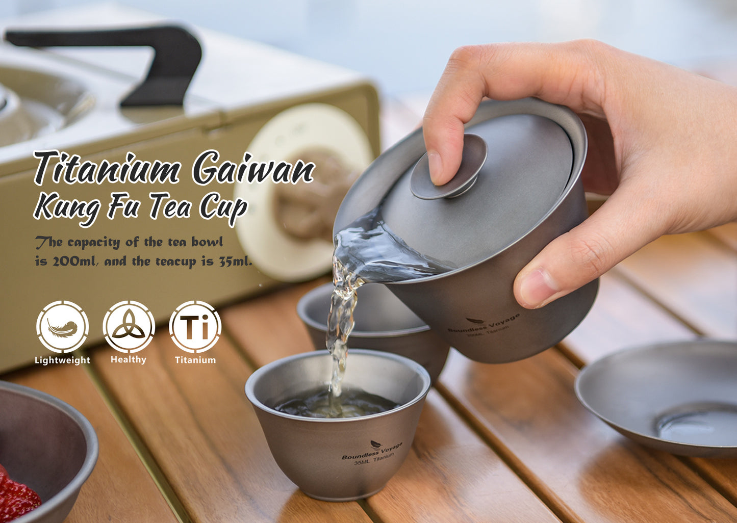 Boundless Voyage Double Walled Titanium Gaiwan, Traditional Chinese Kung Fu Tea Bowl with Lid & Saucer, Ultralight Durable Portable Tea Set for Home Tea Ceremony & Outdoor Camping Ti3123D-Ti3124D