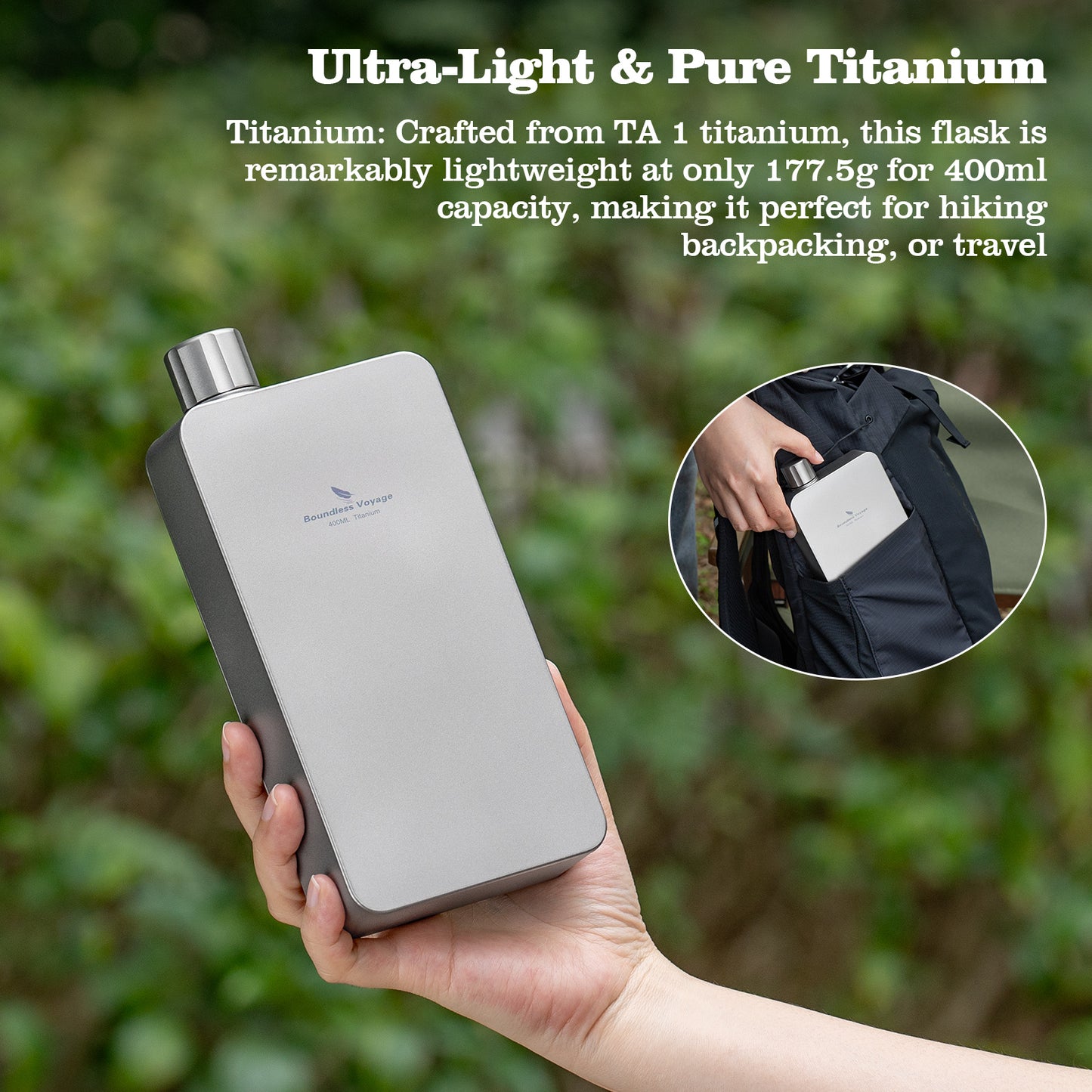 Boundless Voyage Titanium Flask 400ml, Camping & Travel Metal Liquor Bottle, Ultra-Light Square Design, Gift for Men & Outdoor Enthusiasts