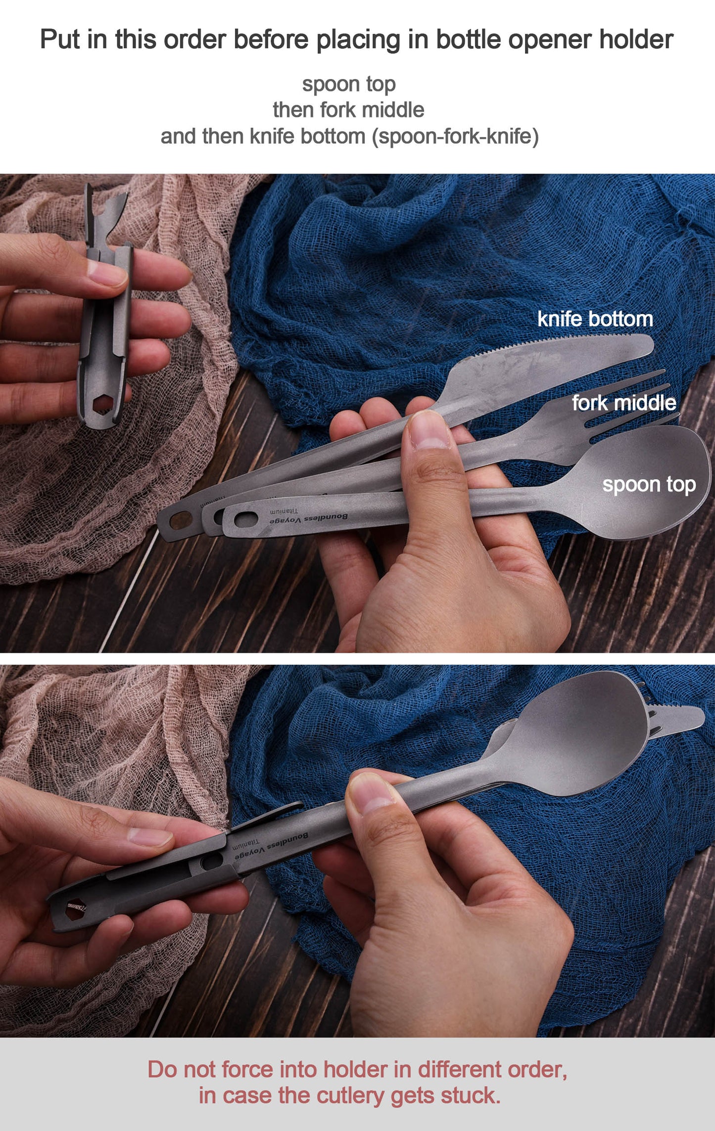 Boundless Voyage Utility Titanium Cutlery Set, Spoon Fork Knife with Built-In Bottle Opener, Portable Travel Camping Tableware with Easy Storage Cloth Case Ti1066T