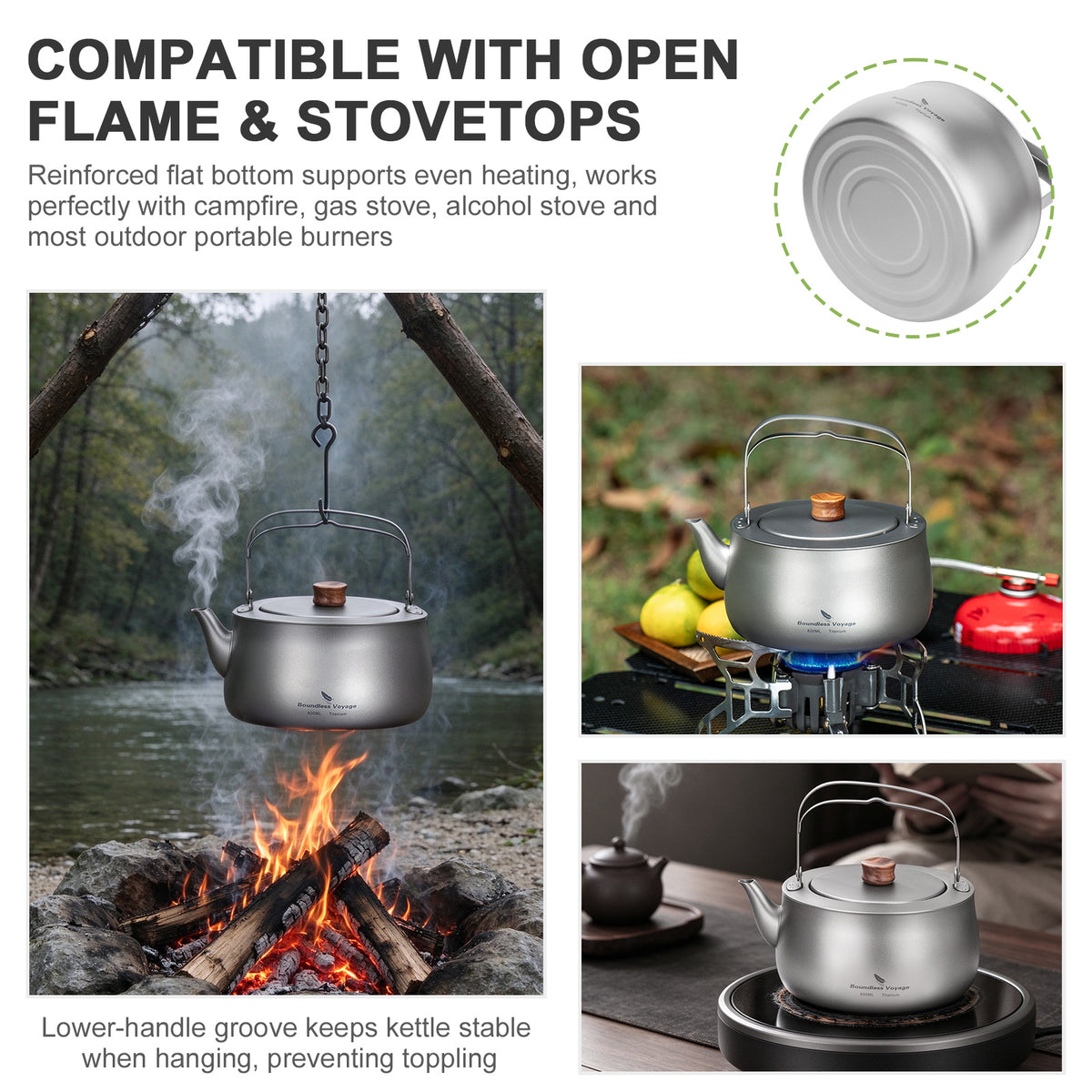 Boundless Voyage Titanium Camping Kettle 800ml with Folding Handle for Outdoor Camping Ti3130D