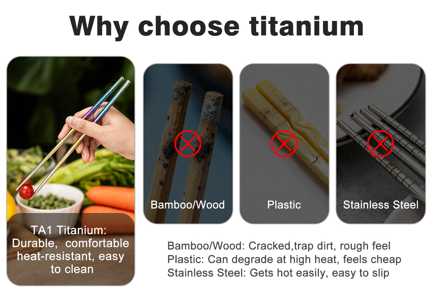 Boundless Voyage 8 Pairs Colorful Pure Titanium Chopsticks | Ultralight Non-Slip Reusable Tableware for Rice, Noodles, Tofu & Meatballs, Camping, Hiking & Daily Home Use Ti1006T