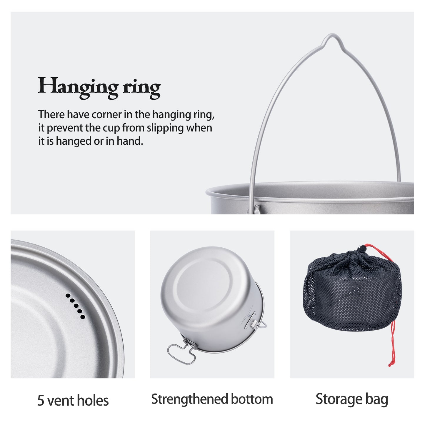Boundless Voyage Titanium Hanging Pot for Outdoor Camping Backpacking Hiking Ultralight Portable Cooking Pot Camp Kitchen Cookware 1300ML/1950ML/2900ML Ti2043C-Ti2045C