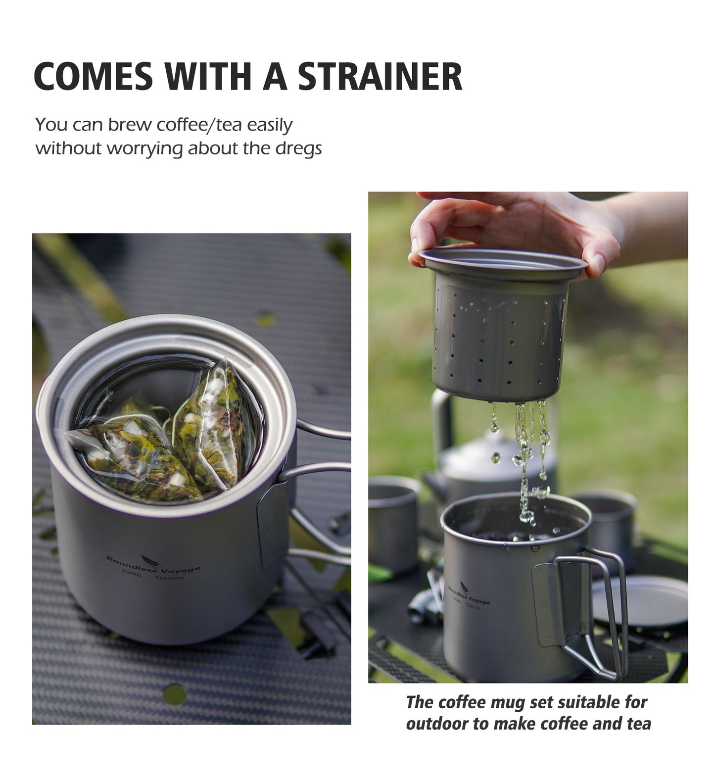 Boundless Voyage Ultralight Titanium Camping Pot Set, 500ml Mug with Portable Foldable Handles & 2pcs Small Cups, Outdoor Cookware for Hiking Backpacking Travel Ti3127D