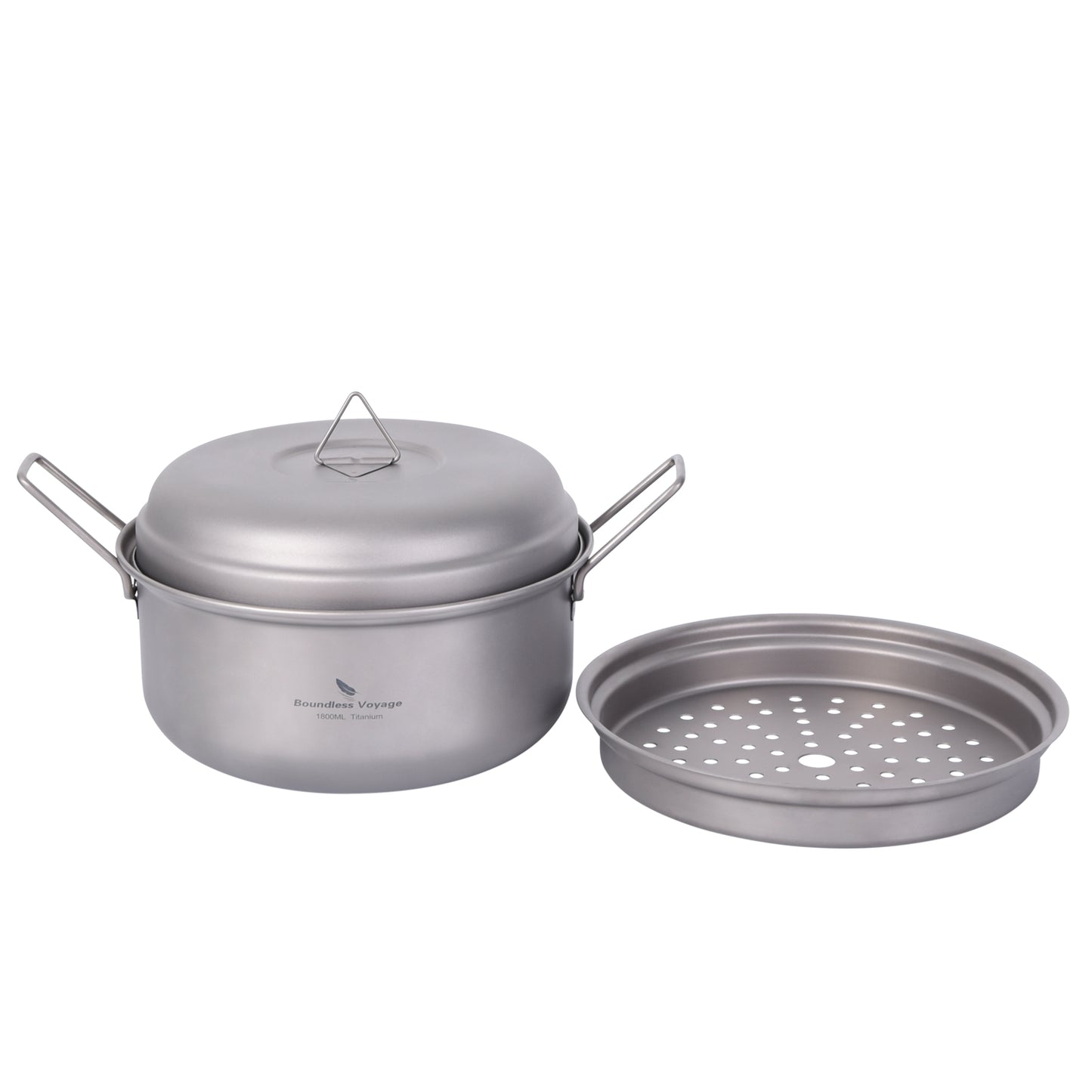 Boundless Voyage 1800ml Titanium Stockpot Steamer Set with Lid, Ultralight Outdoor Soup Pan Mess Kit for Camping, Stovetop & Campfire Use Ti2058C