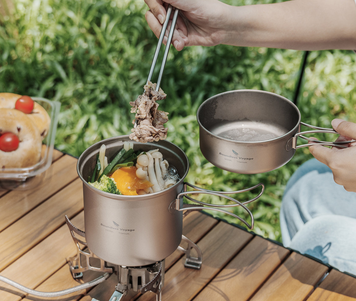Boundless Voyage Outdoor Titanium Pot with Pan Set with Collapsible Folding Handle for Outdoor Camping Cooking Hiking Backpacking Portable Cookware Ti2037C-Ti2039C